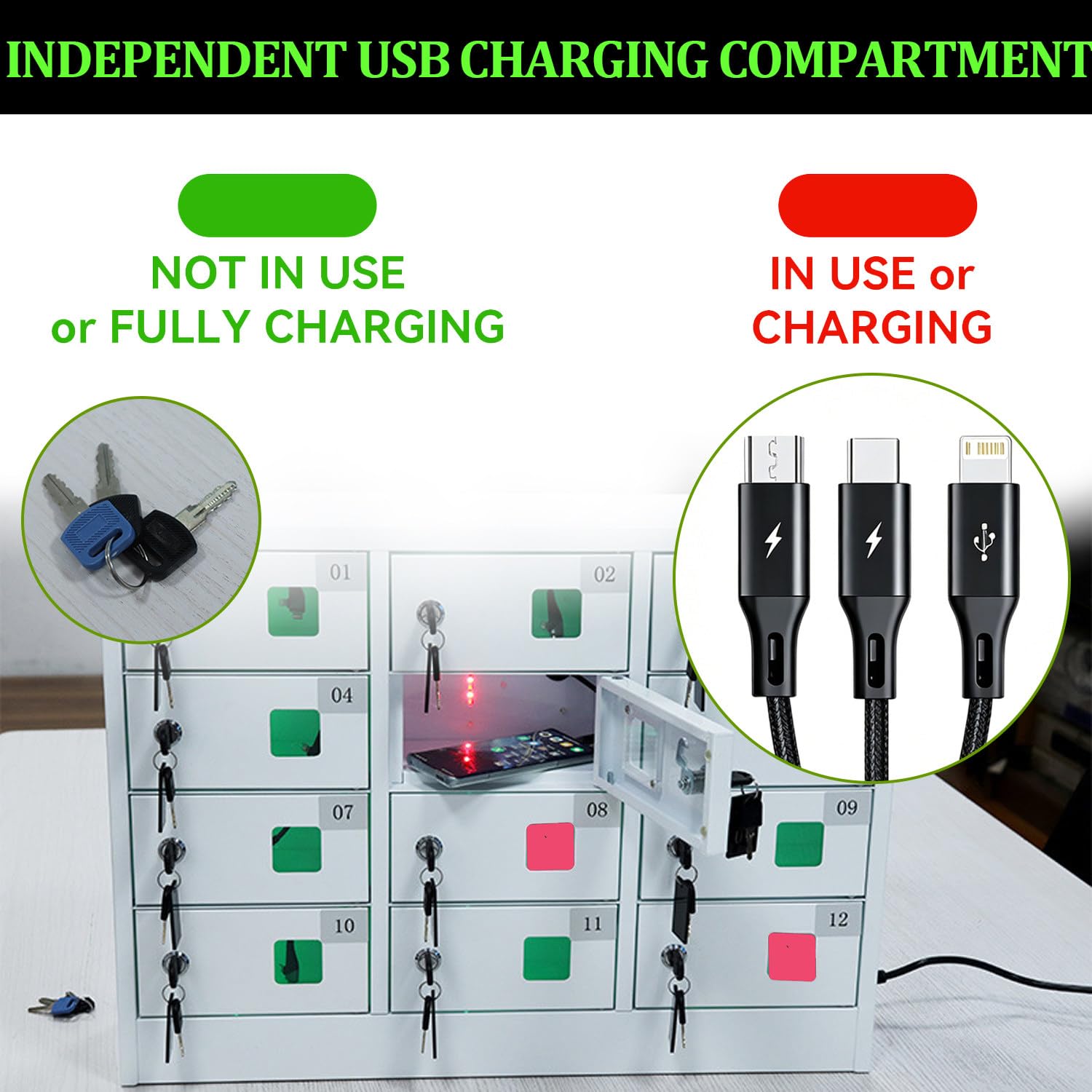 Armadietto per cellulari con Serratura a Chiave/Combinazione Opzionale, 12 Scomparti, Montaggio a Parete, con Cavi di Ricarica Separati, Ideale per cliniche e Laboratori. Key