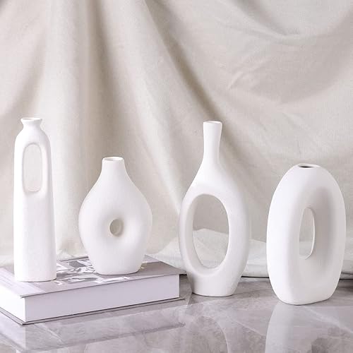 Miniatura 7 de Juego de 4 jarrones de cerámica blanca, jarrones redondos y huecos bohemios para decoración de hierba y flores de las pampas, jarrones pequeños