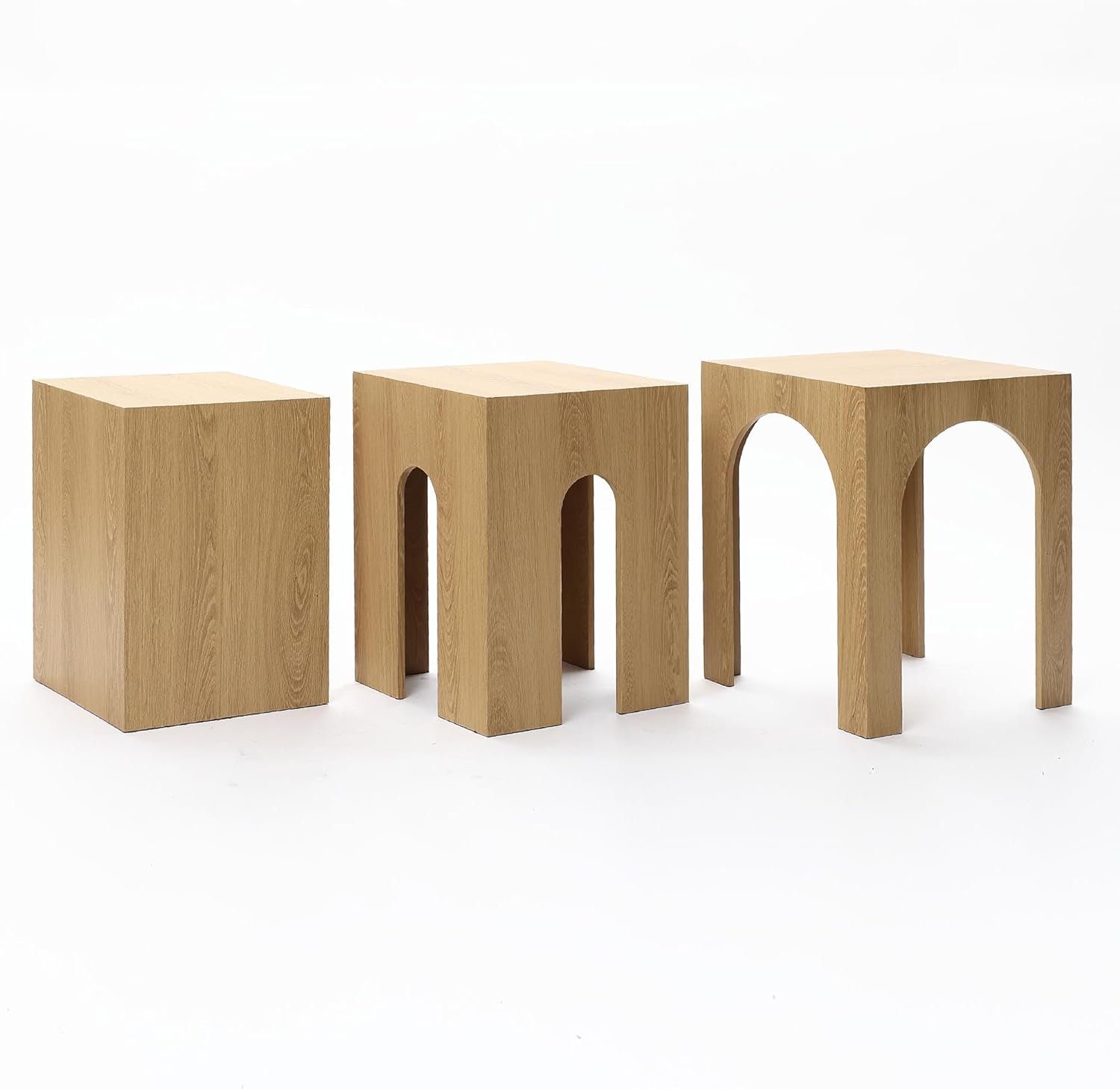 LuxenHome Nesting End Table Set,Set of 3 Side Tables for Living Room,Oak Finish Wood Unique Japandi Arch Design Accent Tables for Bedroom, Small Spaces,Versatile Usage, Space-Saving