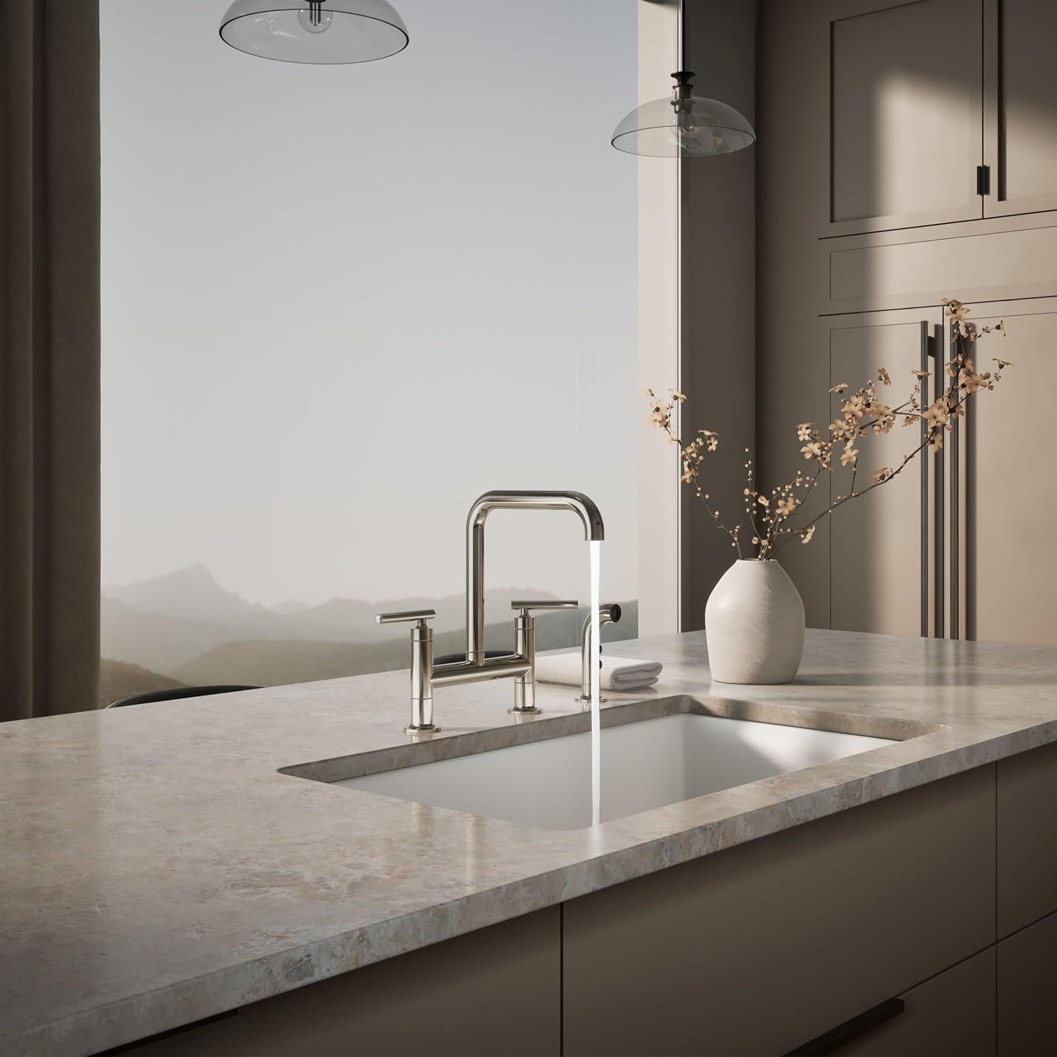 KOHLER Purist Two-Hole Bridge Kitchen Sink Faucet With Side Sprayer