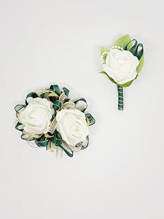 Ivory Rose Wrist Corsage Wristlet Band Bracelet and Men Boutonniere Set with Dark Green Ribbin for White Wedding Flower Accessories Prom Suit Decorations(Dark Green)