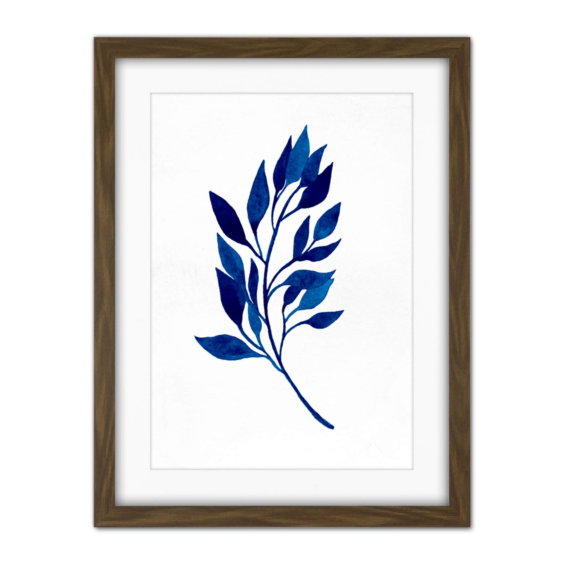 Wee Blue Coo Navy Blue Watercolour Leaves Artwork Framed Wall Art Print 18X24 Inch