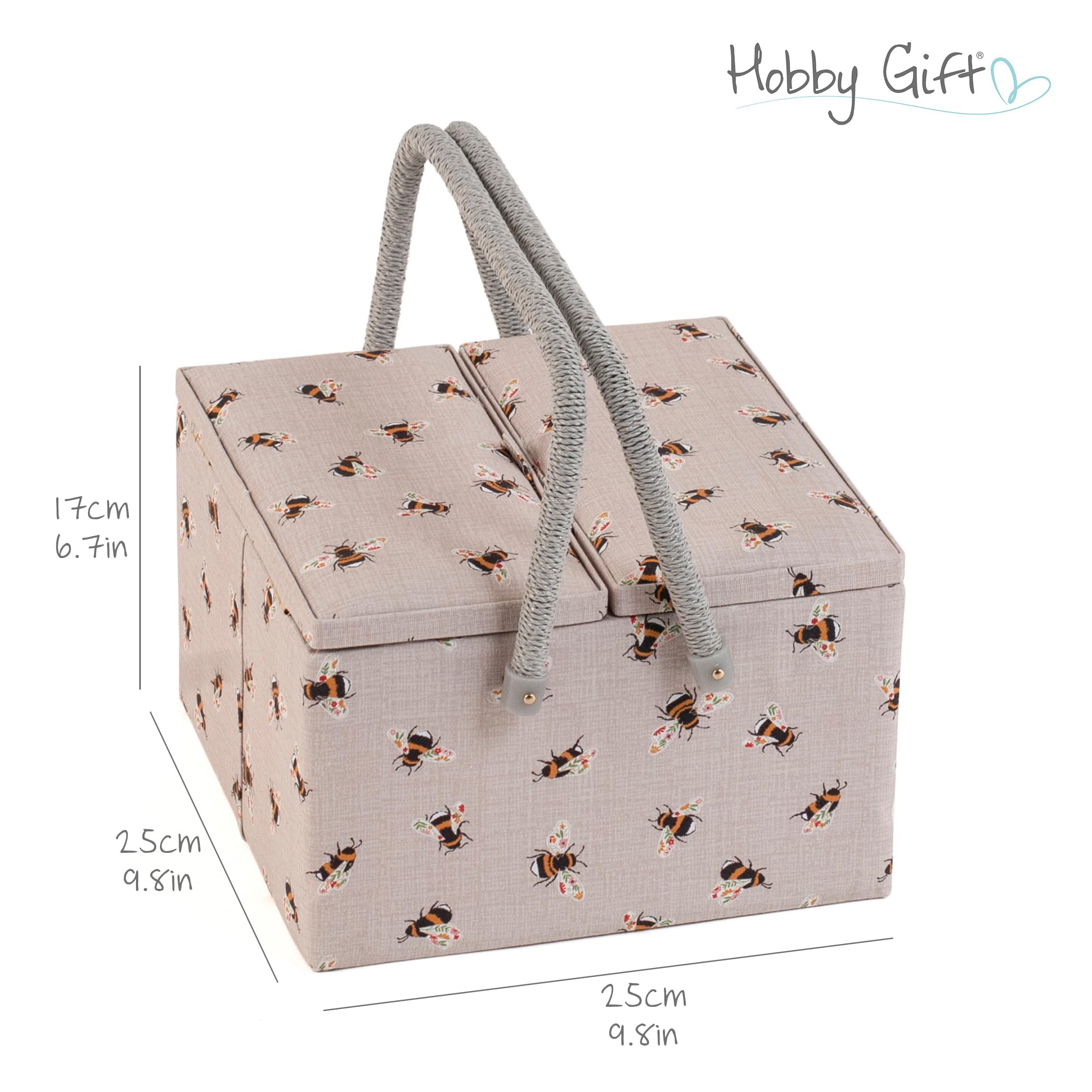 Hobby Gift Grande Boîte à Couture à Double Couvercle avec Poignée, Panier de Rangement Couture en Coton avec Compartiments pour Outils et Accessoires, 25 x 25 x 17 cm, Abeilles