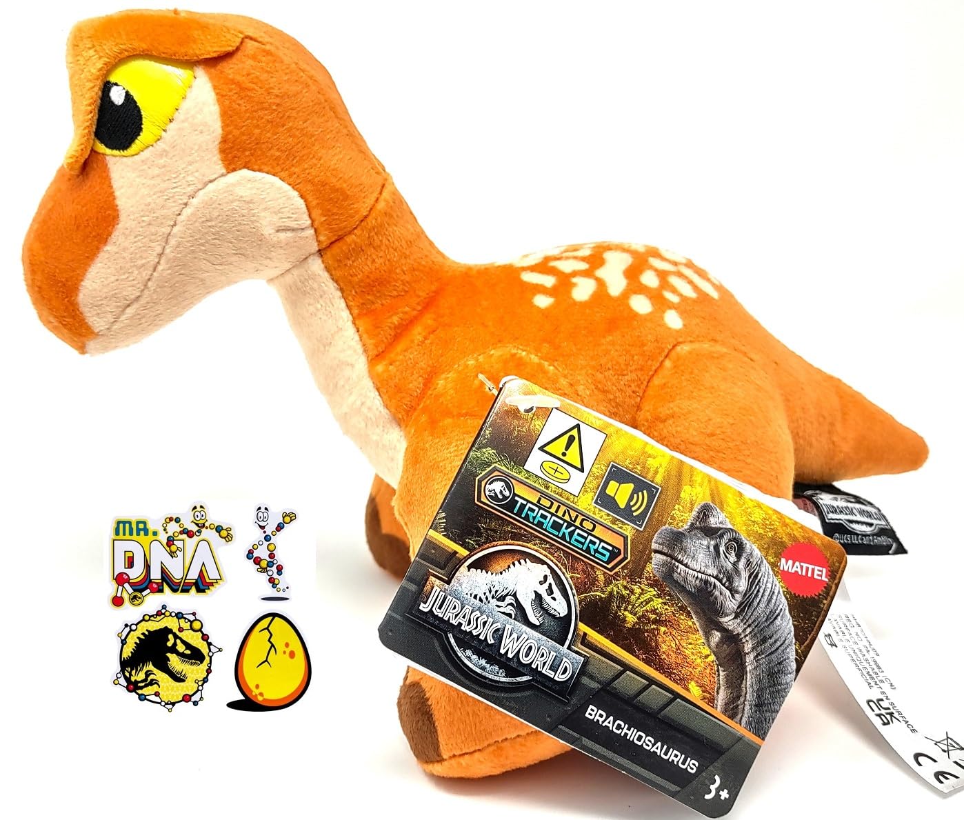 Jurassic World: Dominion - Mini peluche de dinosaurio suave de 7 pulgadas con sonidos de dinosaurio con calcomanía de regalo (Brachiosaurus)