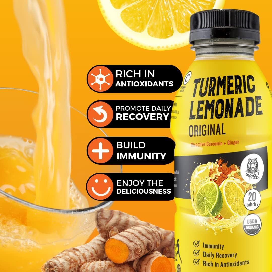 Golden Tiger Organic Turmeric Lemonade - Bio Active Curcumin + Ginger - 12 Bottles - Recover with Plant Based Power - Caffeine Free - 20 Calories