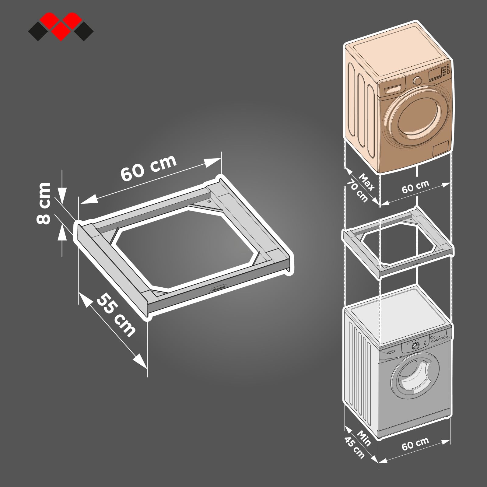 Meliconi Torre Noir Kit de superposición lavadora-secadora, premontado, certificado TÜV SÜD, capacidad máxima 250 kg, Made in Italy, color negro