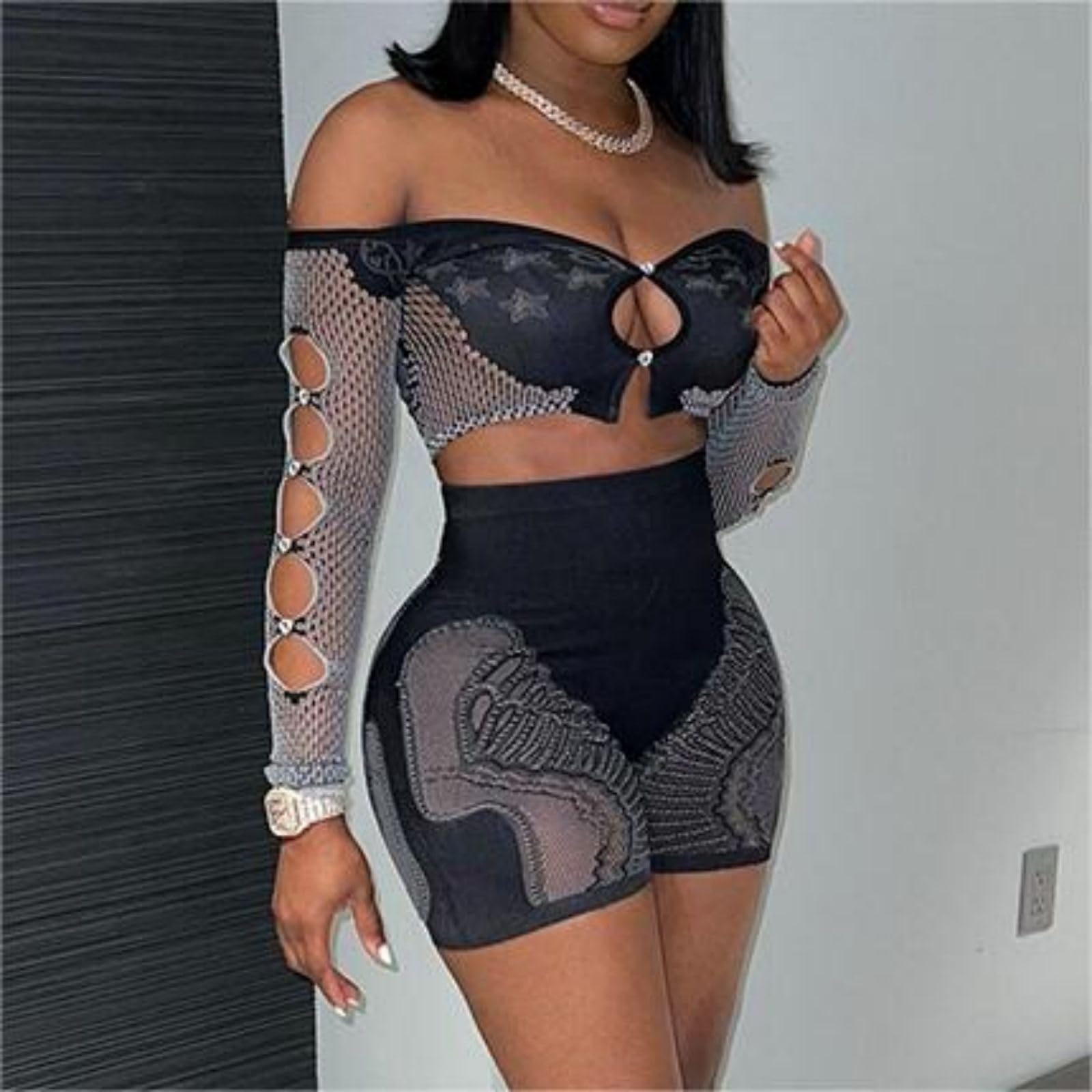 WE OWN Women Long Sleeve Jumpsuit Shorts Bodysuit Bodycon Sexy One Piece, Sexy Hollowing Out Bodysuit Short Jumpsuit Pants (Light Brown, S), Small: Sexy Hollowing Out Fashionable And Sexy Women's Two-piece Streetwear