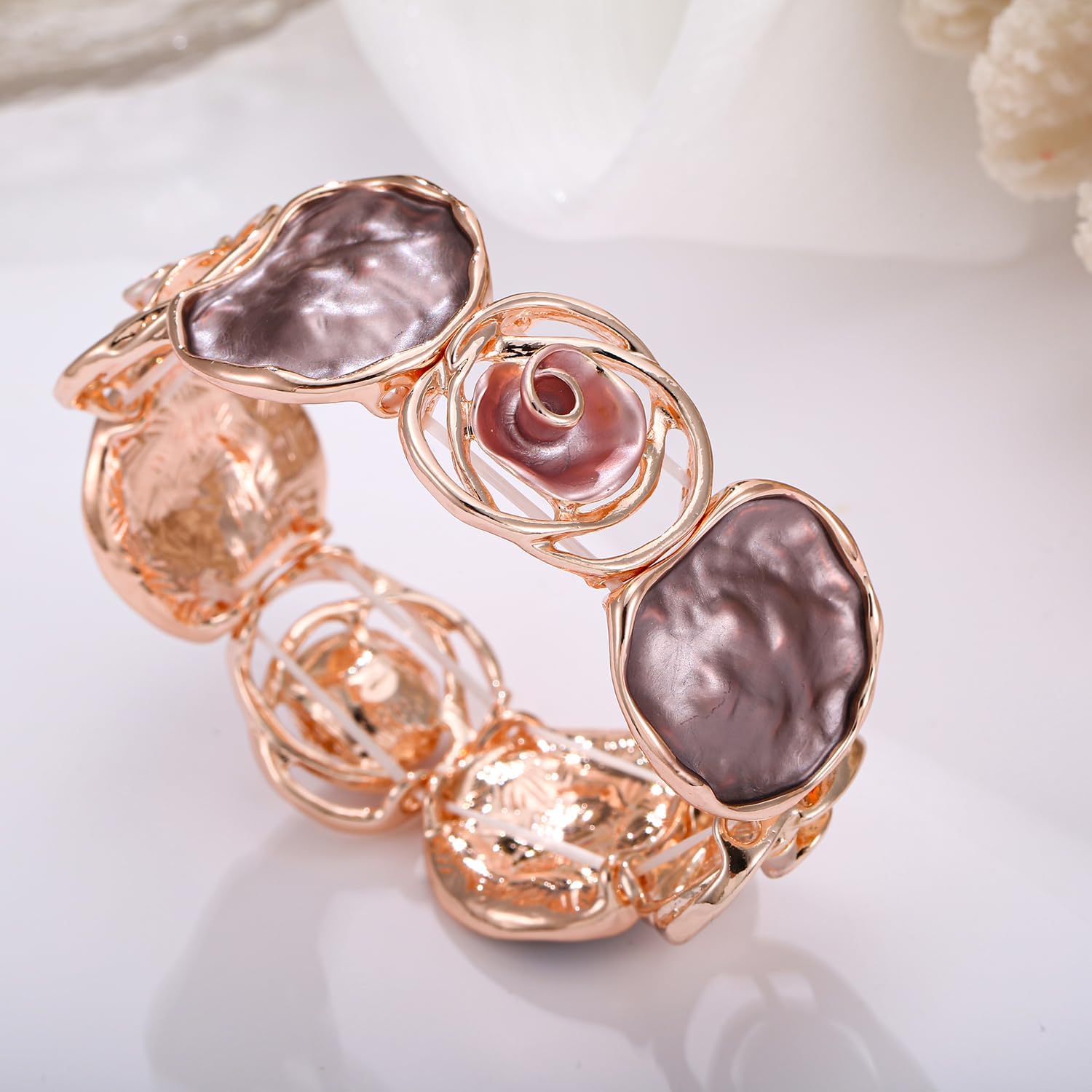 LUREME Rose Flower Bracelet for Women - Colorful Gold Enamel Stretch Bracelet, Adjustable Elastic Metal Bangle, Boho Chic Jewelry (bl003604) - Image 6