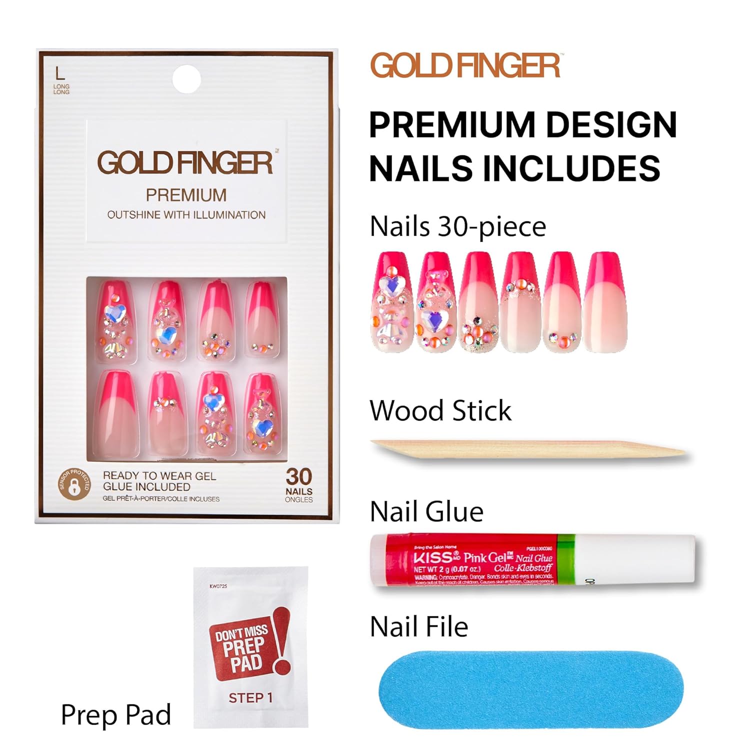 GoldFinger Premium Luxury False Nails Kit, Ready to Wear Pink French Nails, Manicure Stick and Glue Included, Long Coffin Shape with 3D Rhinestones, Long-Lasting Hottest Trend Glue on Nails