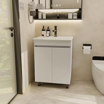 KEIKI 24" Bathroom Vanity with Sink, Freestanding Modern Wood Bathroom Vanity Cabinet with Sink Top & 2 Doors, Compact Storage Vanity for Small Bathrooms, White
