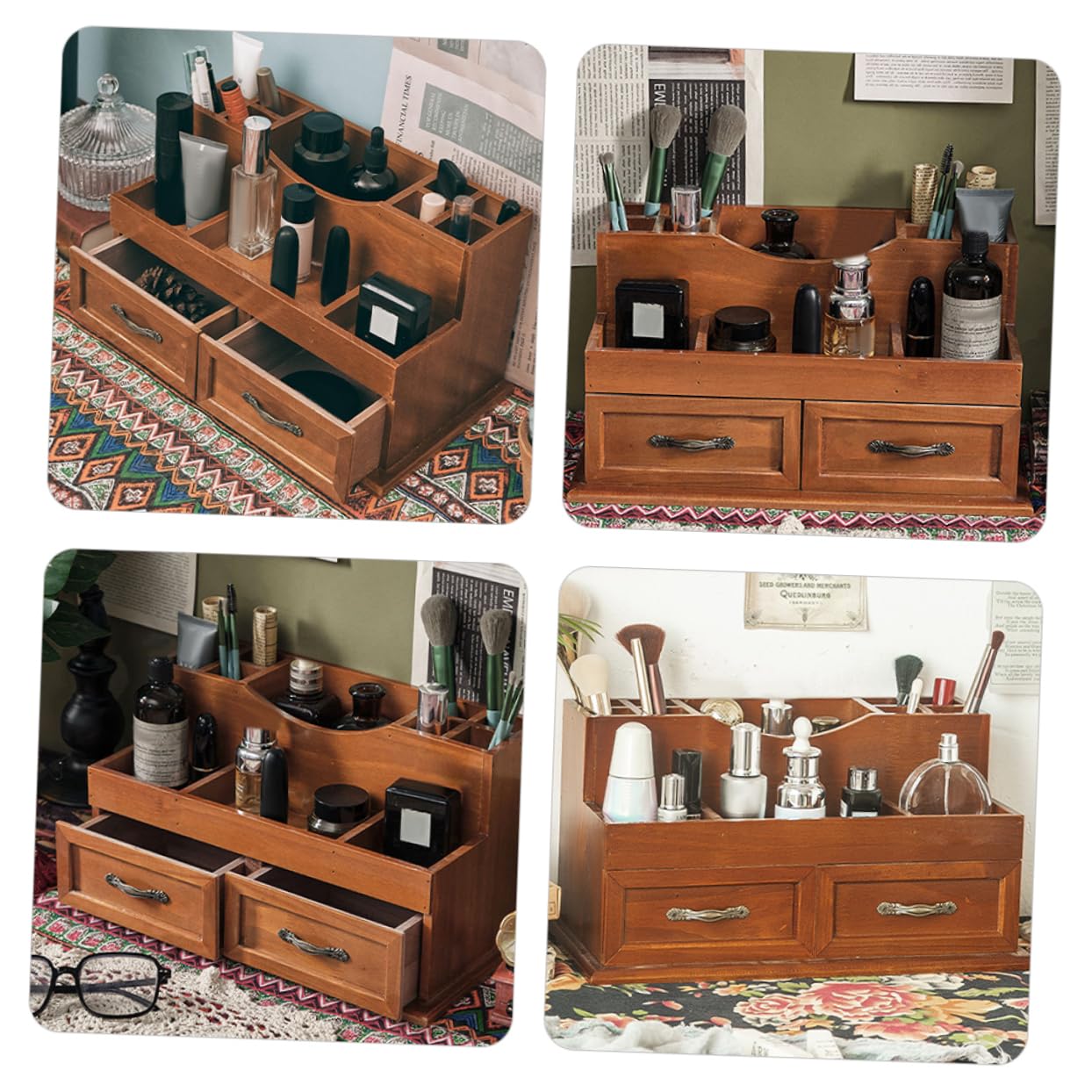 Organizer per Scrivania in Legno Stile Vintage Cassetti a 2 Scomparti, Grande Capacità e Multifunzionale per Gioielli e Cosmetici come Organizer da Scrivania