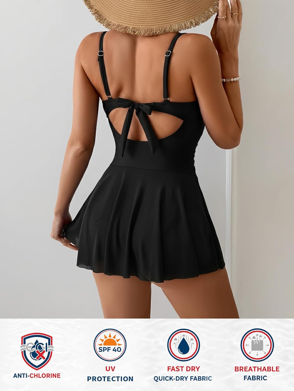 Women's Mesh Skirted One Piece Swimsuit Tropical Printed Backless Swimdress Tummy Control Bathing Suit Tie Back - Image 3