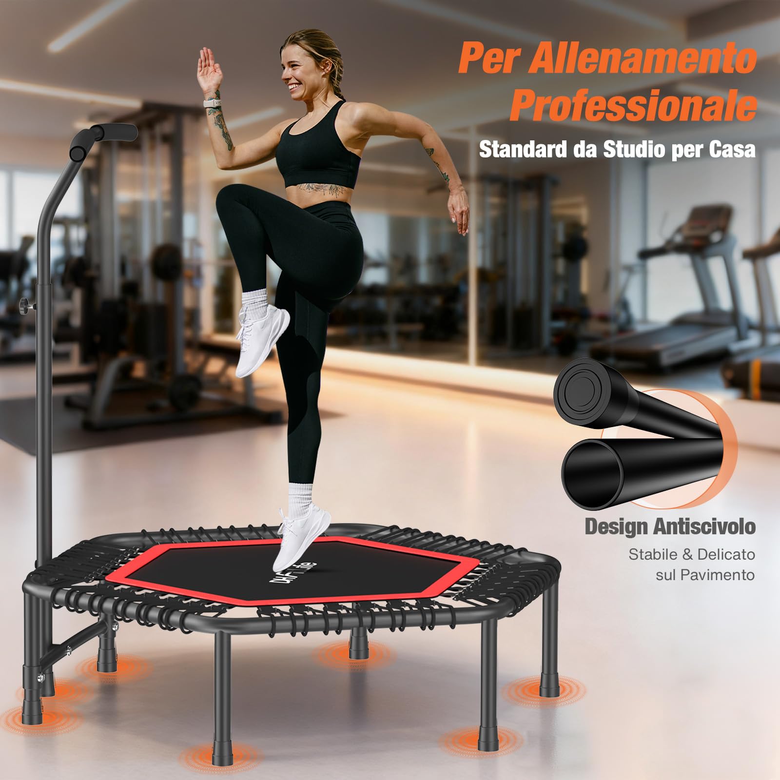 DH FitLife Fitness Trampolino Indoor | Ø 114 cm 45 Pollici Mini Trampolino per Cross Jumping | Portata 150 KG | Manico Regolabile a 3 Livelli | Stabile e Resistente