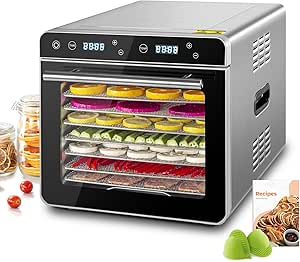 KWASYO 8 Trays Stainless Steel Food Dehydrator, Double-layer Construction, 24H Timer &amp; 30℃ to 85℃ Temperature Control, Dehydrator Food Dryer for Jerky, Fruit, Vegetable, Pet Treats, 700W