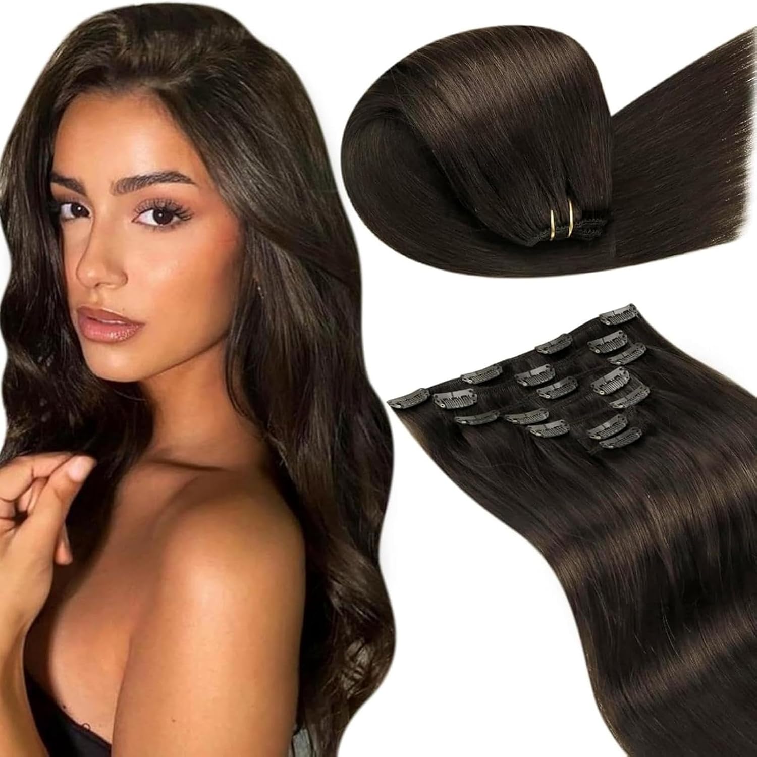 LaaVoo Extensiones Humain Pelo Natural Clip Marron Oscuro 55cm 105g 7pcs Extensiones Cabello Humano Clip Brown Oscuro Liso #6/8/14
