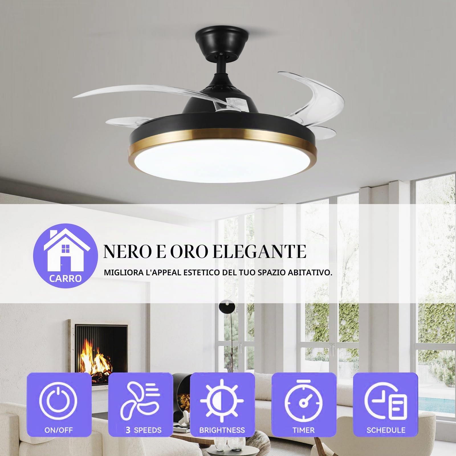 24W Ventilatore da soffitto con Telecomando, Dimmerabile Ventilatori a Soffitto con Altoparlante Bluetooth e Reversibile, Ventilatore da Soffitto con Lampada e pale a scomparsa per Camera da Letto