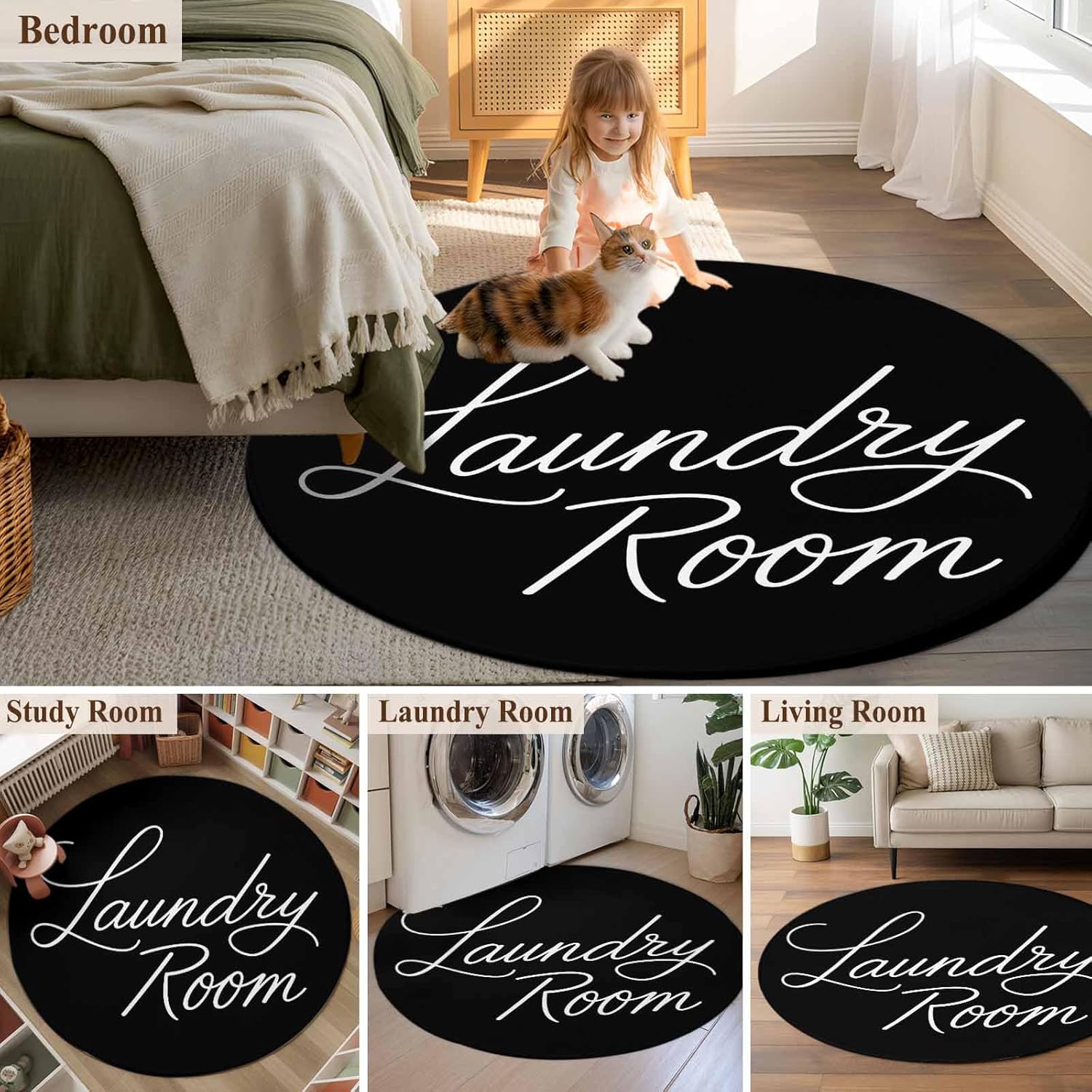 Round Area Rug 3ft Laundry Room Floor Carpets Indoor Floor Area Mat Stain-Proof Mat Circle Rugs for Living Room Dining Room Kitchen Bedroom, Black Modern Sofa Throw Carpet