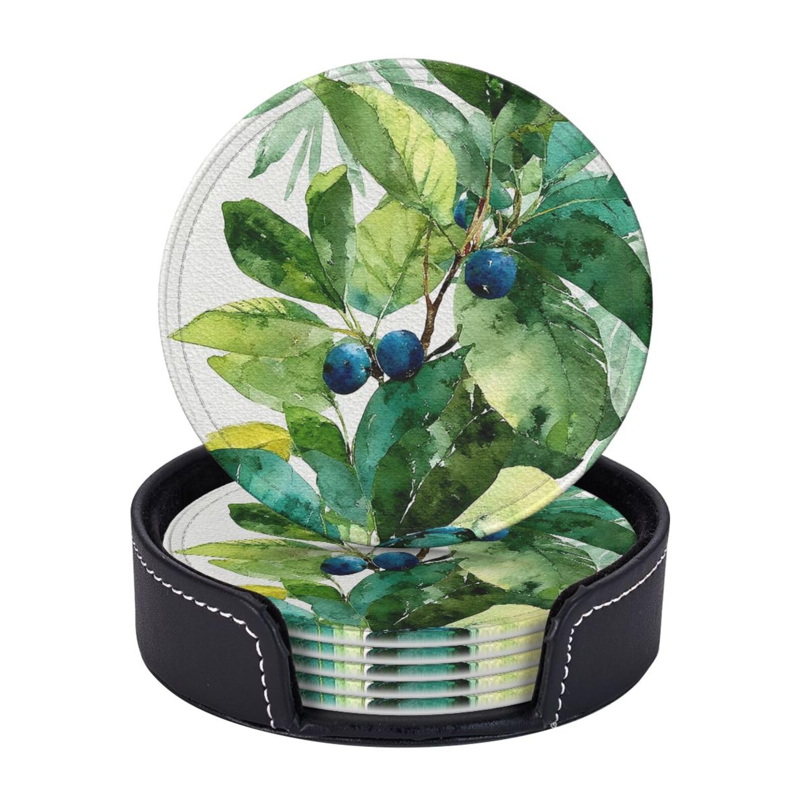Drink Coasters 6 PCS Round Leather Coaster Tropical Palm Leaves Coasters for Drinks Non-Slip Mugs Pads with Holder Personalized Cups Pad Mat for Coffee Table Kitchen 10 CM