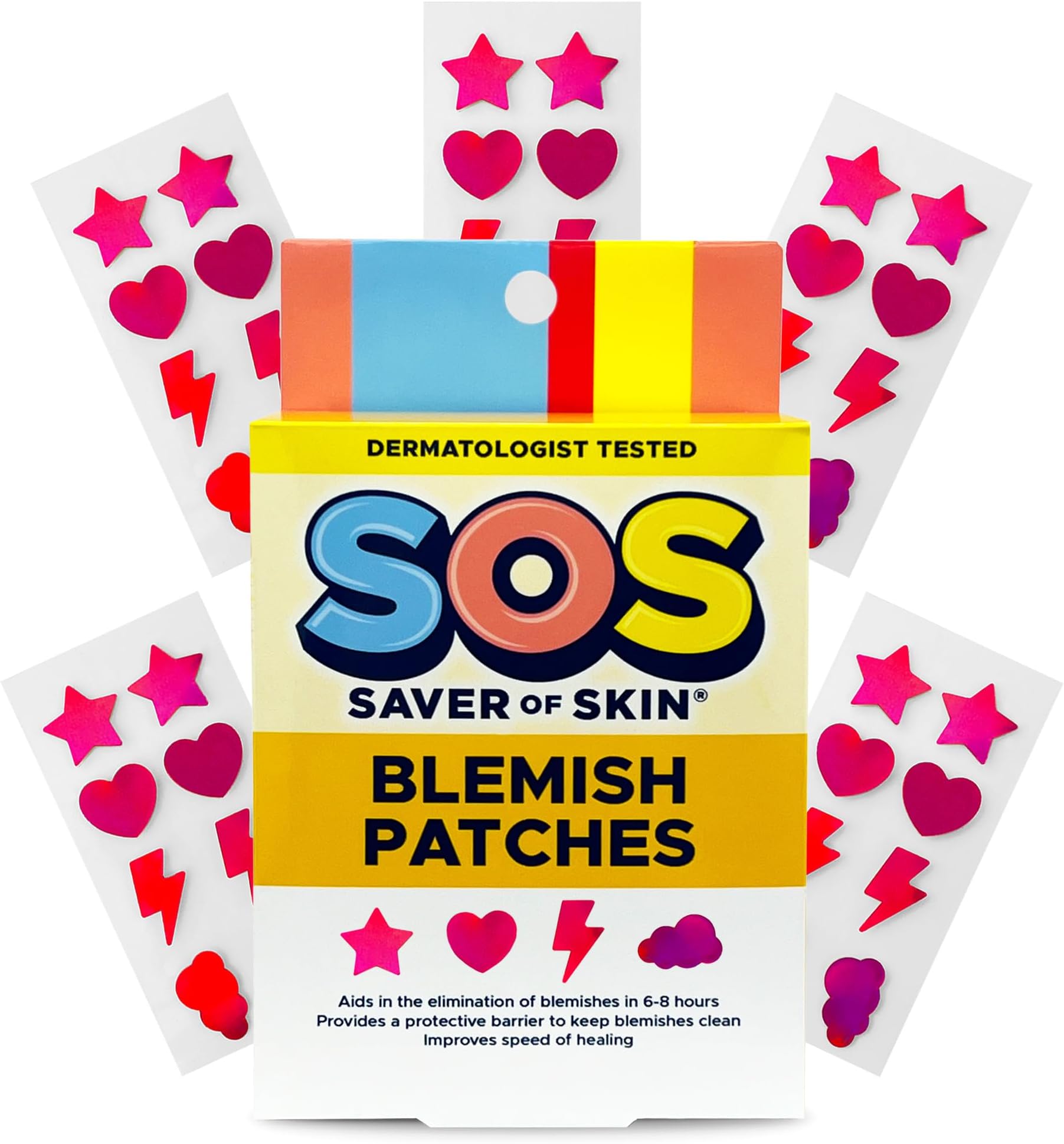 SOS SAVER OF SKINPink Holographic Fun Shape Blemish Patches (40 ct) - Fast acting hydrocolloid for Pimples, Zits, Acne, and Face Blemishes Latex-Free & Vegan with a Splash of Style