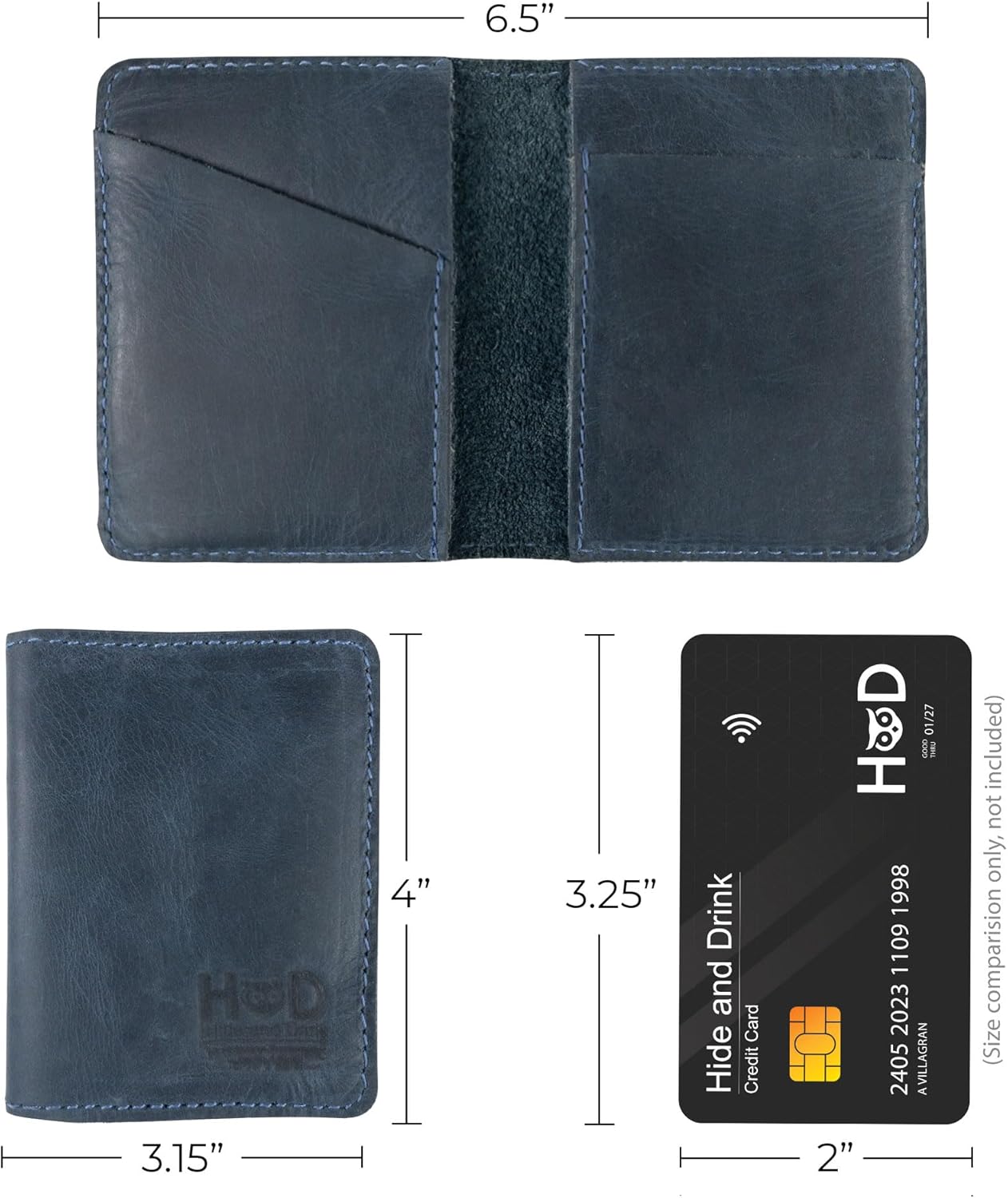 Hide & Drink, Bifold Wallet, Slim Card Holder, Minimalist Traveler Wallet, Vintage Front Pocket Wallet, Full Grain Leather, Handmade, Slate Blue - Image 6