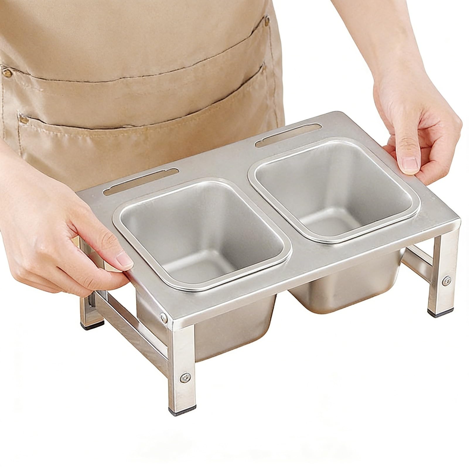 WDSOPK 2 Tier 304 Stainless Steel Pizza Topping Station with Lids & Spoons Kitchen Spice Rack Commercial Condiment Tray for Easy Access 42x34.3x9.2 15CM (No Lid 29X18.3X9.2~12.4cm)