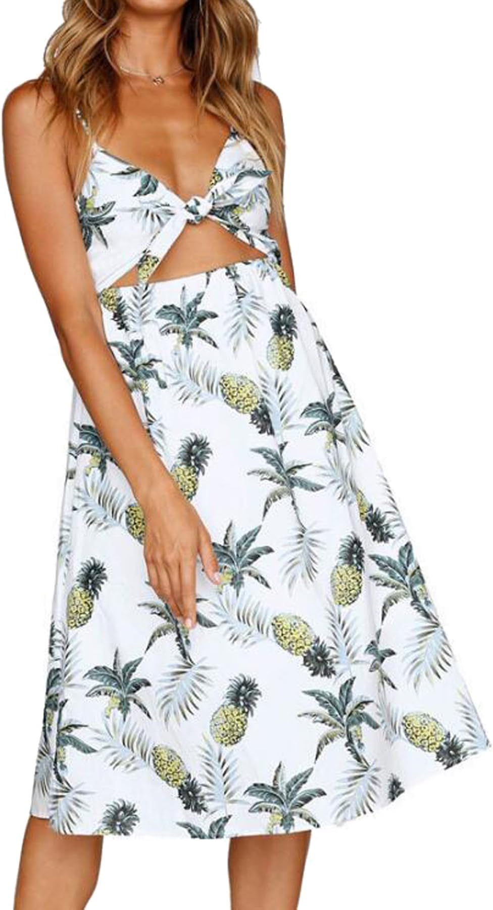 Womens Summer Dresses Bohemian V-Neck Spaghetti Strap Swing Midi Dress with Bow Tie White
