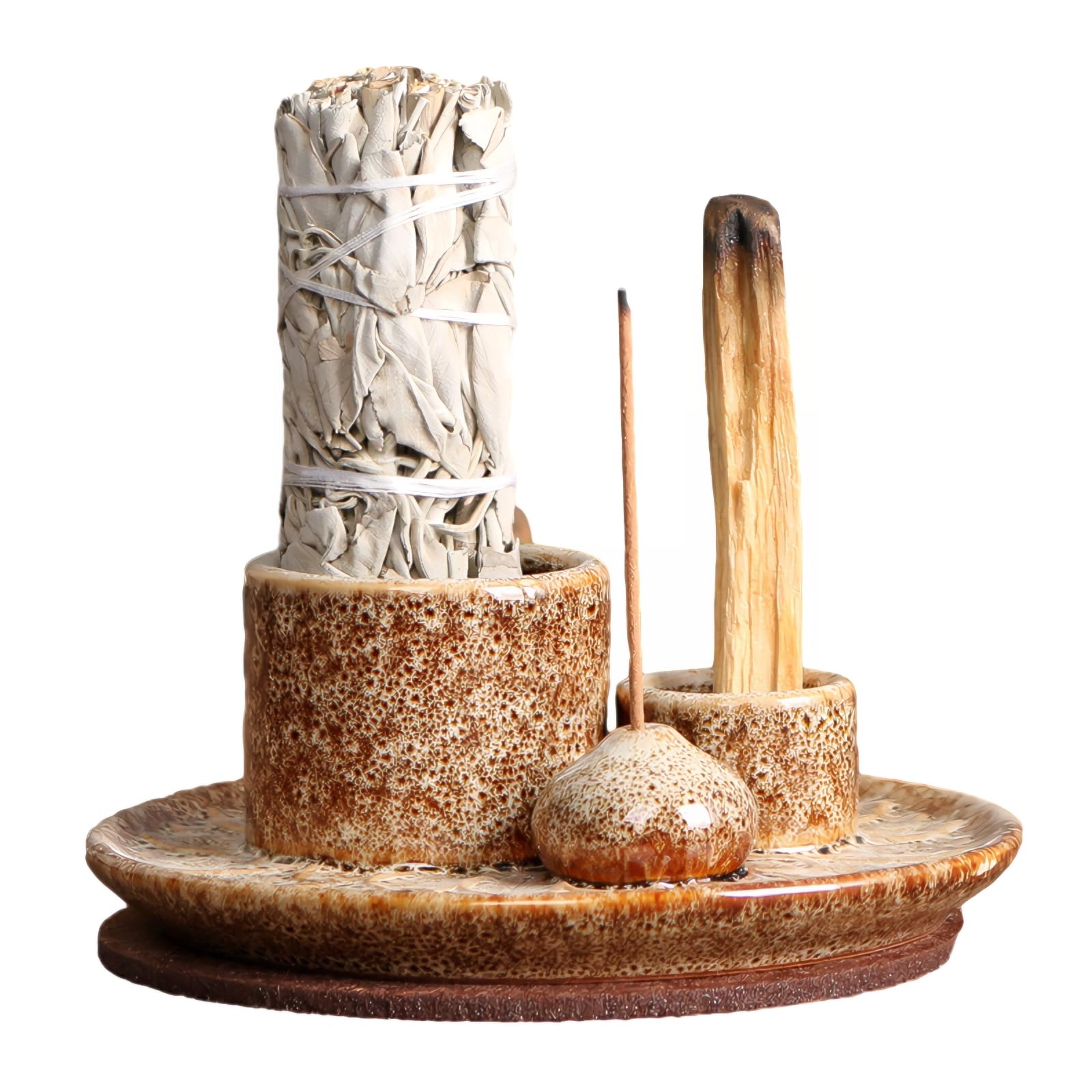 Wanwanzi Porta incenso 4 in 1 in ceramica, bruciatore di palo santo e salvia, porta candela, vassoio raccogli cenere per meditazione e yoga, giallo