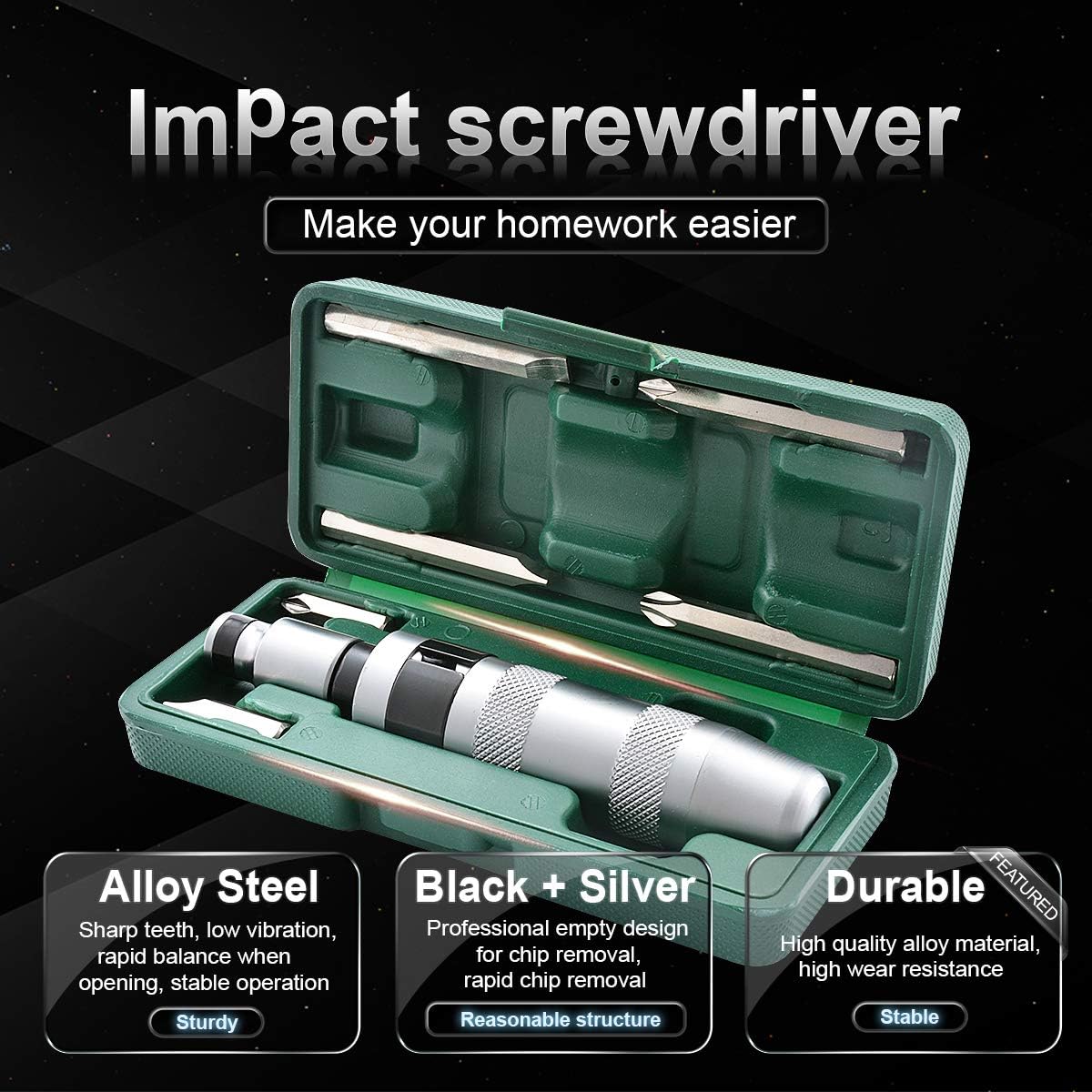 KATUR 7Pcs Impact Driver Kit, 163mm Drive Manual Reversible Impact Driver, Flathead 35mm,70mm, and Phillips 35mm,70mm Bits