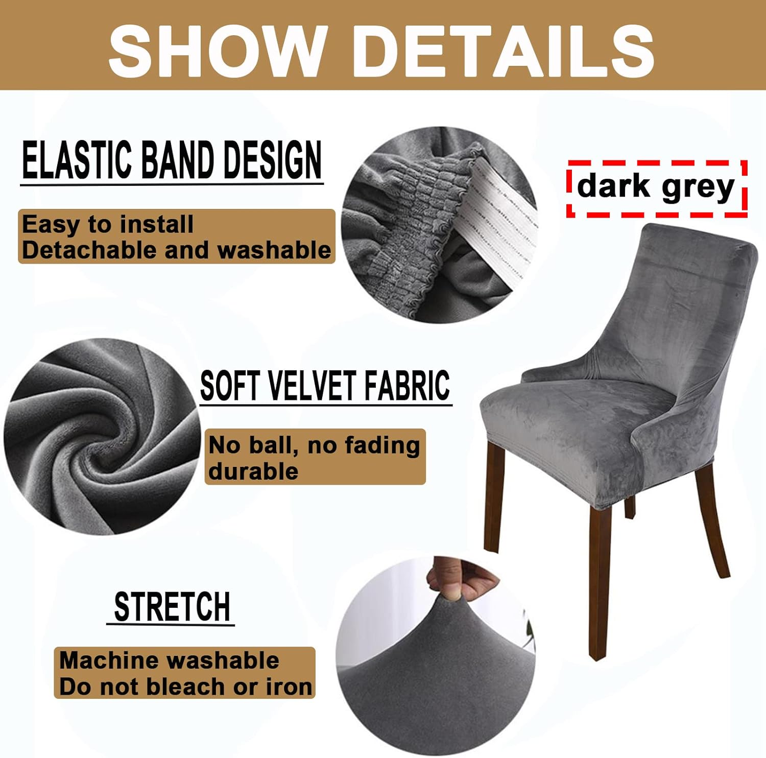 Stretch Velvet Accent Chair Cover Slipcover Set of 6 Dark Grey Curved Wingback Design with Arms Dining Room Chair Protector for Kitchen Living Home Decor Pack of 6
