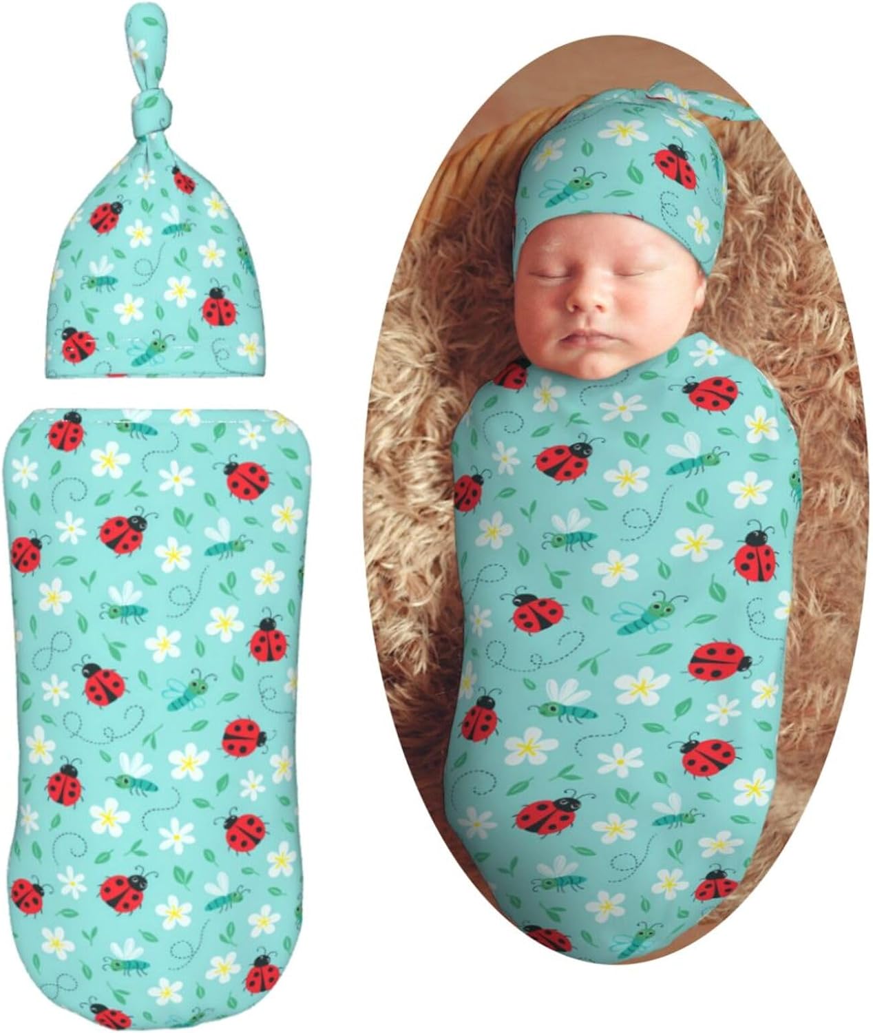 Ladybug Butterfly Flower Newborn Swaddle Blankets Hat Sets Soft Baby Receiving Blanket Swaddle Sack for Baby Shower Infant Boy Girl Gift
