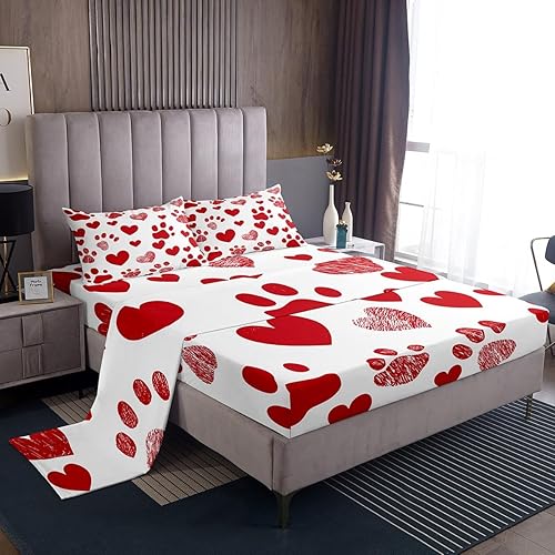 Miniatura 1 de Juego de sábanas bajeras para parejas, tamaño Queen, con estampado de patas de gato, perro, corazón, amor, corazón, día de San Valentín, boda,