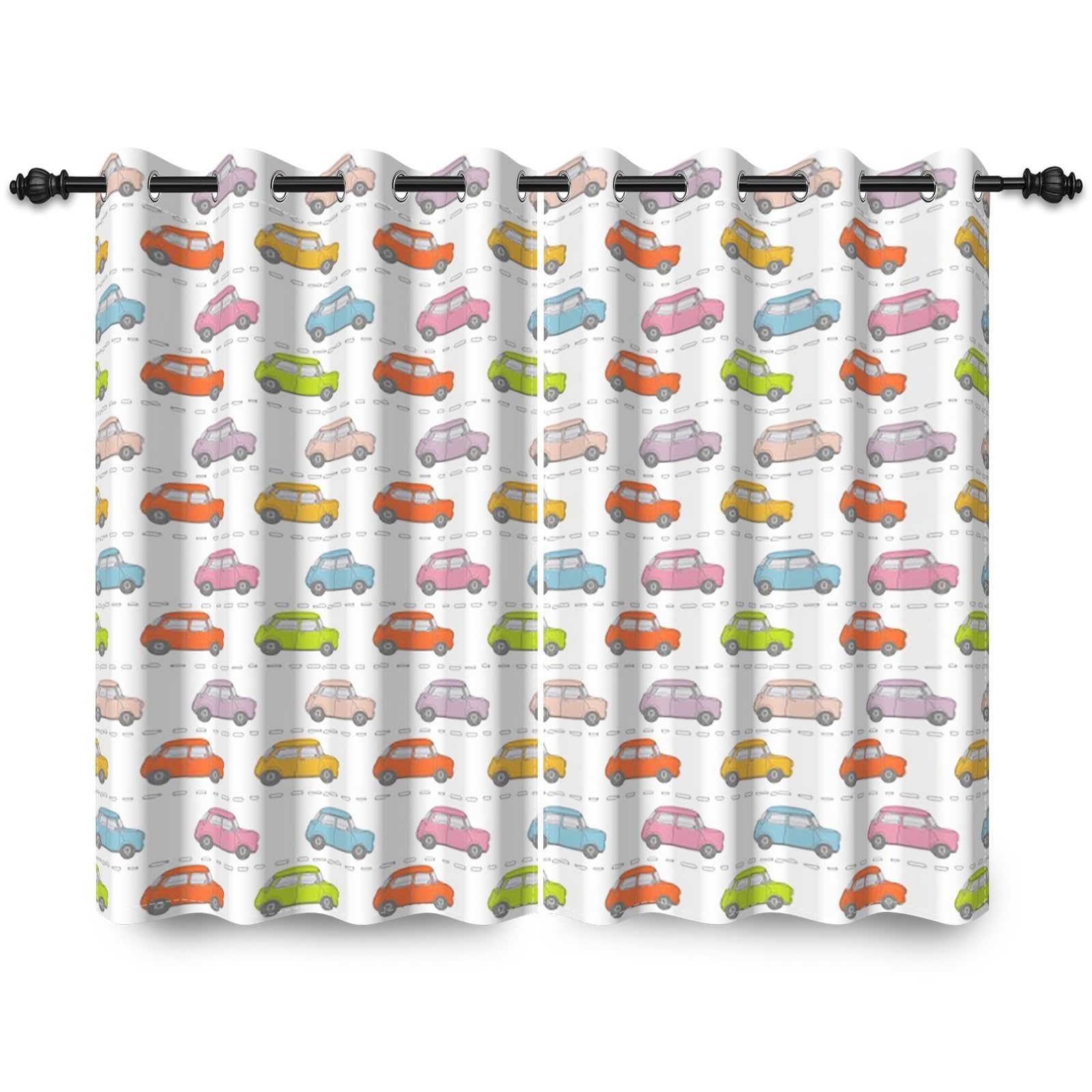ggaimwf 42"x 63" Cartoon Car Blackout Curtain for Kids Bedroom Vintage Colorful Little Car Road Painting Eyelet Thermal Grommet Room Divider Window Drapes for Baby Boys Playroom 2 Panels — image 1