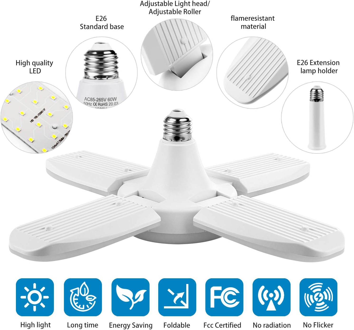 LED Garage Lights 500W Equivalent Deformable Ceiling Bulb 45W 4500LM 6500K Cool Daylight White,E26/E27 Medium Base Led Shop Light for Garage Basement Shop Workshop Warehouses Barn Attic