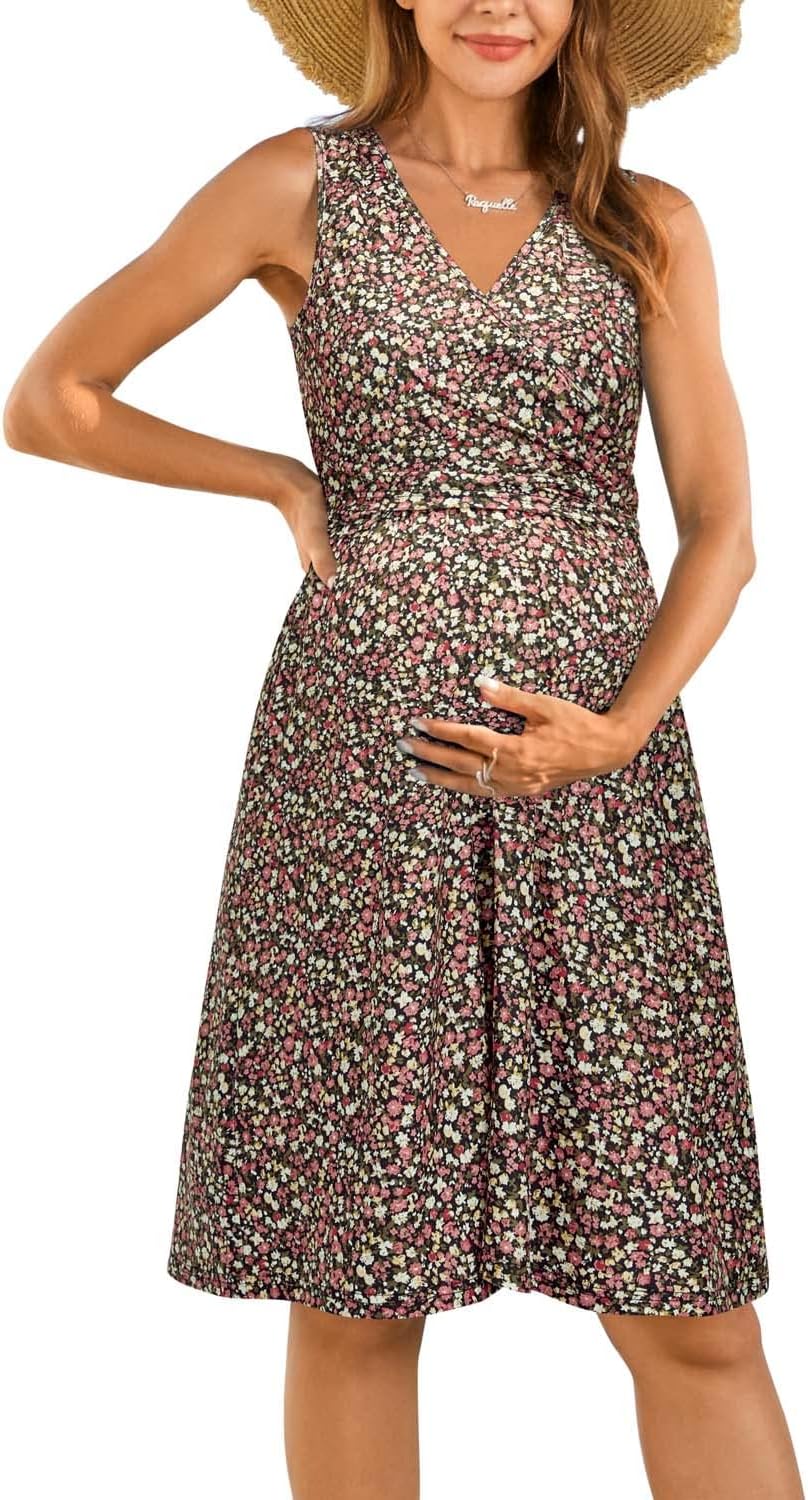OUGES Womens V-Neck Sleeveless Summer Floral Maternity Dresses Nursing Gown Breastfeeding Dress
