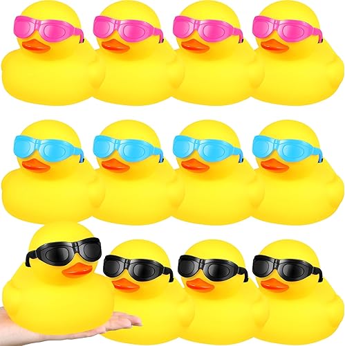 Deekin Juego de 12 patos de goma grandes con lentes de sol, pato amarillo grande, juguete de baño de goma chirriante para decoración de fiesta de