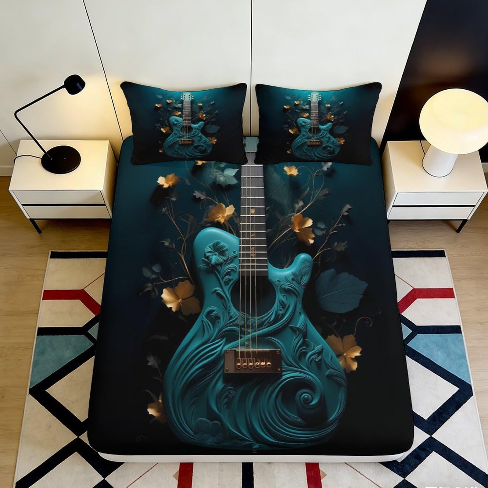 3D Printed Blue Guitar Fitted Sheet Microfiber Anti-Slip Artistic Bed Sheet for Bedroom Guest Room Decor Protection 90x200x25cm