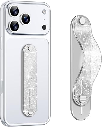 GripMate Phone Grip Holder, Finger Strap Stand, Cute Bling Sparkly, Metal Aluminum Alloy Kickstand with Soft TPU Loop - Universal Ultra Slim Comfortable Hand Grip for Smartphones, Glitter Silve