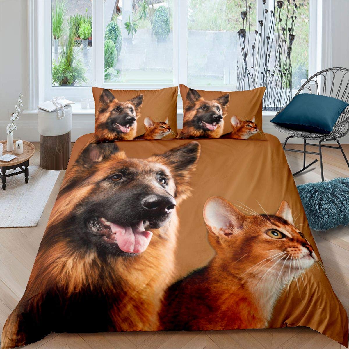 Set Biancheria da Letto Pastore Tedesco, 3 Pezzi, Set Copripiumino Singolo 135x200 cm Animale Cane Stampa Copripiumini in Microfibra con Cerniera e 2 Federe 50X80cm