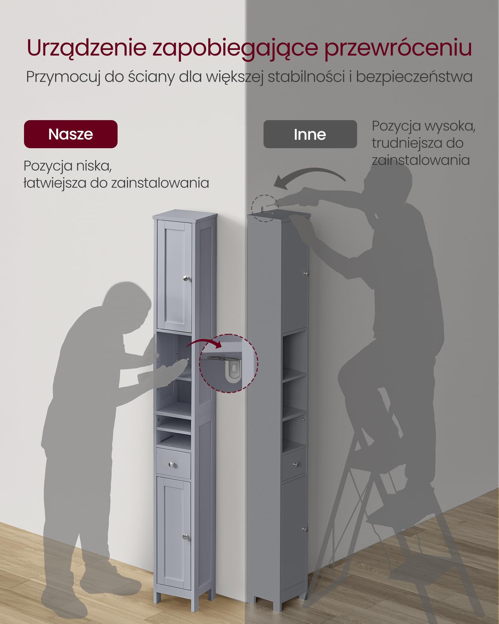 VASAGLE Szafka łazienkowa, wysoka, wąska, z regulowanymi półkami, szufladą i otwartymi przegródkami, do małych przestrzeni, nowoczesna, gołębia szarość BBC765G02