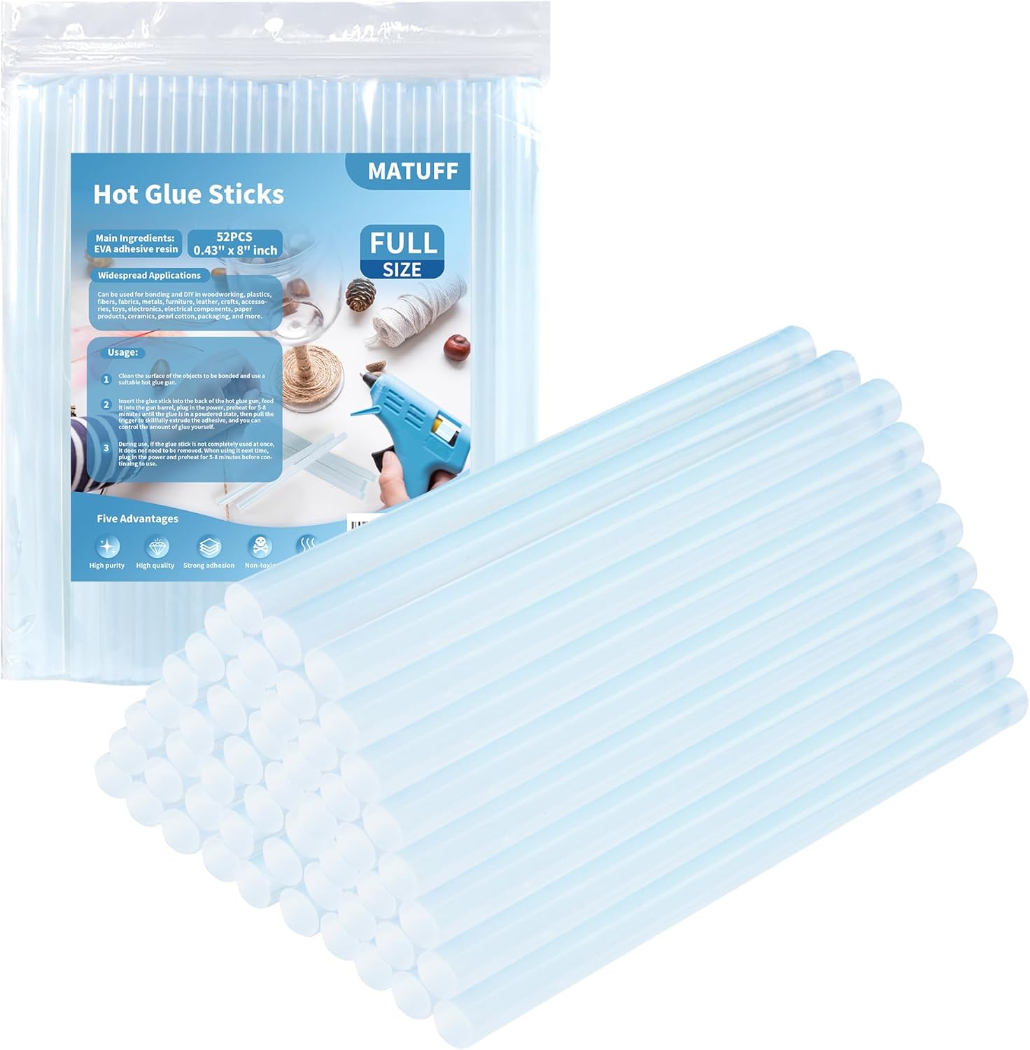 MATUFF Hot Glue Sticks Full Size, 0.43” Dia x 8” Long, 52 Pcs EVA Clear Hot Melt Glue Gun Sticks, Multipurpose Glue Sticks Bulk for Kids Adults Crafting Sealing Repairing Festival Decoration