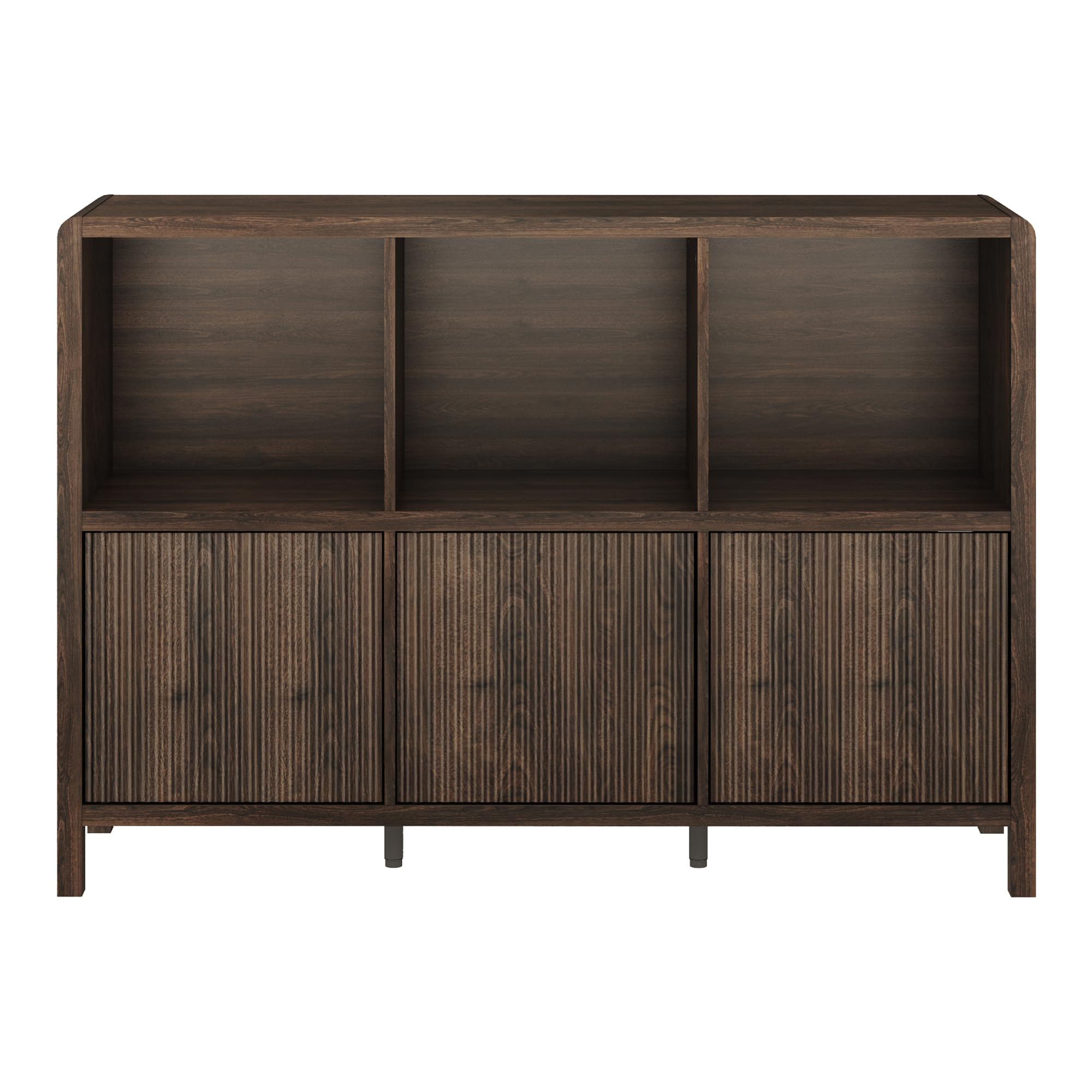 [en.casa] Credenza Bassa Mobile Contenitore con 3 Ante Decorative Push to Open e Scomparti Aperti Sideboard per Soggiorno Corridoio Studio 77x110x30 cm Effetto Noce