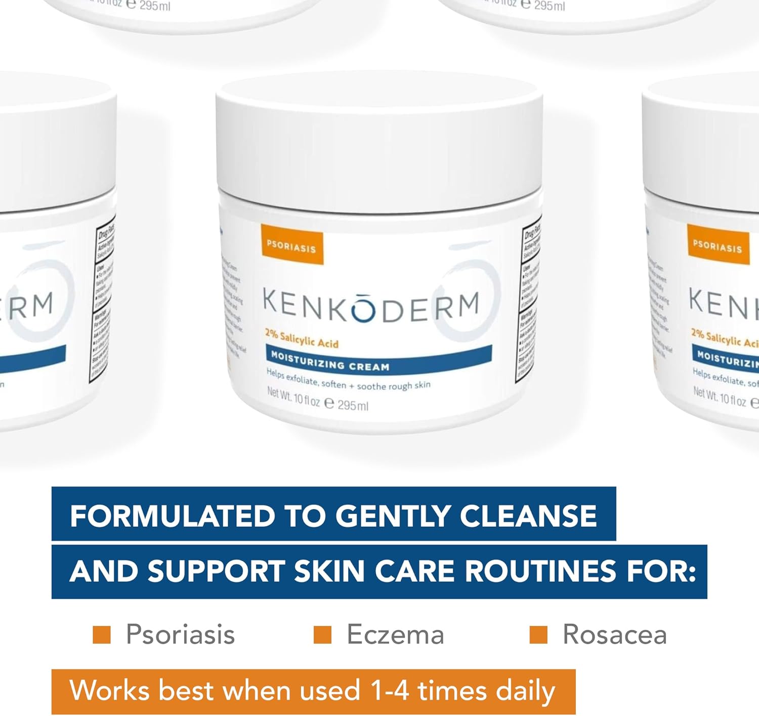 Kenkoderm Psoriasis Cream - Natural Moisturizing Face & Body Lotion with 2 Percent Salicylic Acid - Renewing Topical Formula for Dry & Sensitive Skin, Fragrance & Color Free, 10 oz., Pack of 4 Jars
