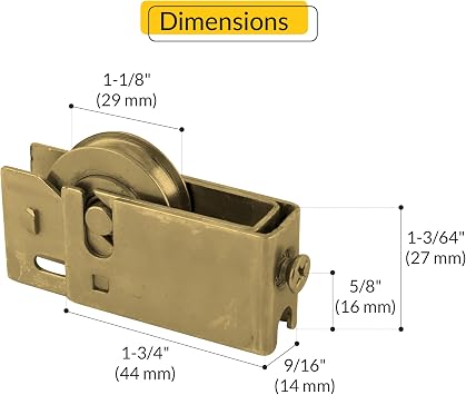 Brixwell Sliding Patio Door Roller Assembly with 1-1/8 Steel Wheel, 1 Height, 1-7/8 Length, 17/32 Width, Dichromate Finish for Sliding Door Hardware and Door Roller Replacement Applications