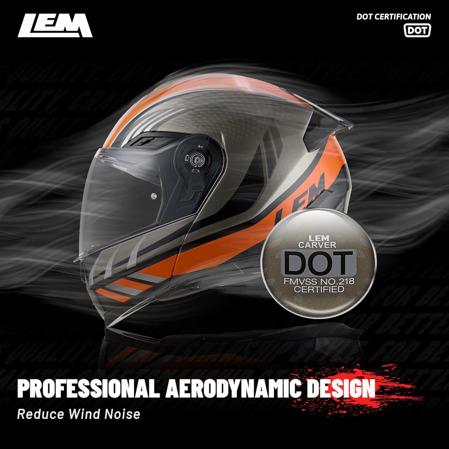 LEM Modular Motorcycle Helmets Fiberglass, Full Face Motorcycle Helmet Flip Up for Touring, DOT Certified, Release Sun Visor & Removable Comfort Liner, Lightweight Street Bike Helmet (Orange, L)