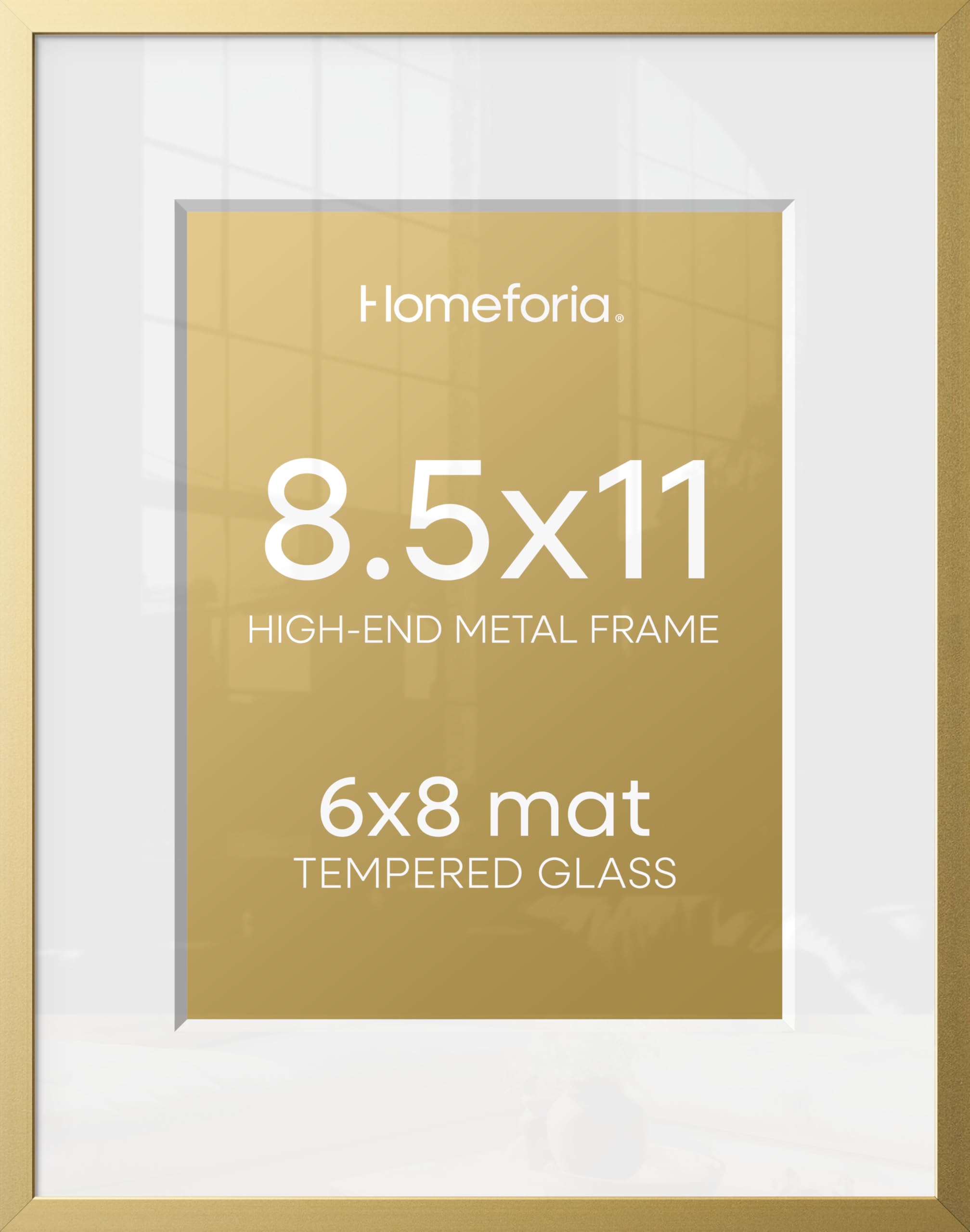 Homeforia 8.5x11 Gold Picture Frame, High-End Metal, 6x8 Mat, Glass | High End Aluminum, Tempered Glass, Acid-Free 6x8 Removable Mat, 8.5x11 in Edge-to-Edge Display 11x8.5, Wall Kit, Set Of 3