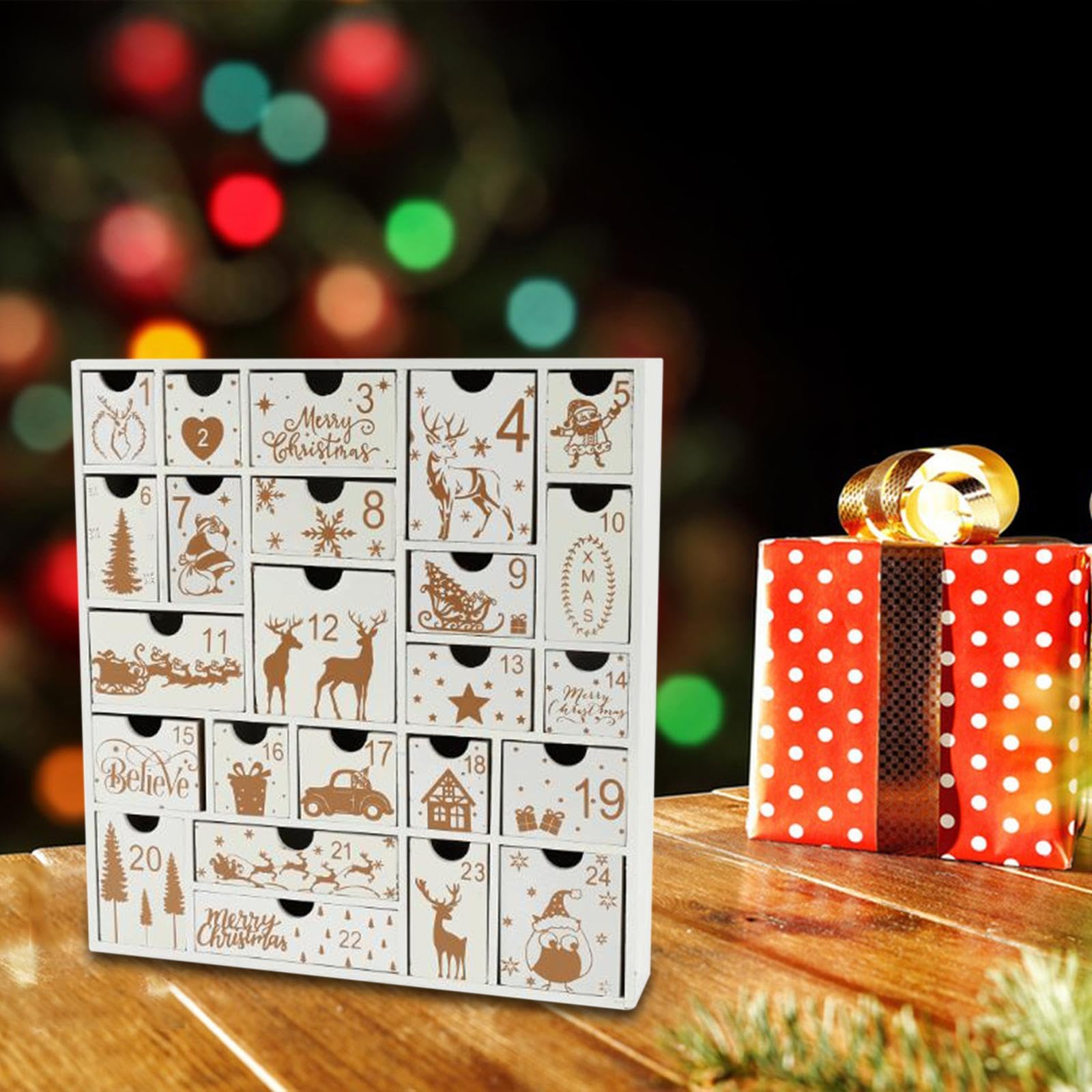 Adventskalender Holzbox 24 Aufbewahrungsschubladen Weihnachtsdekoration Geschenkbox Befüllbar Zählkalender für Kinder Erwachsene Wohnzimmer Büro Festl, Weiß