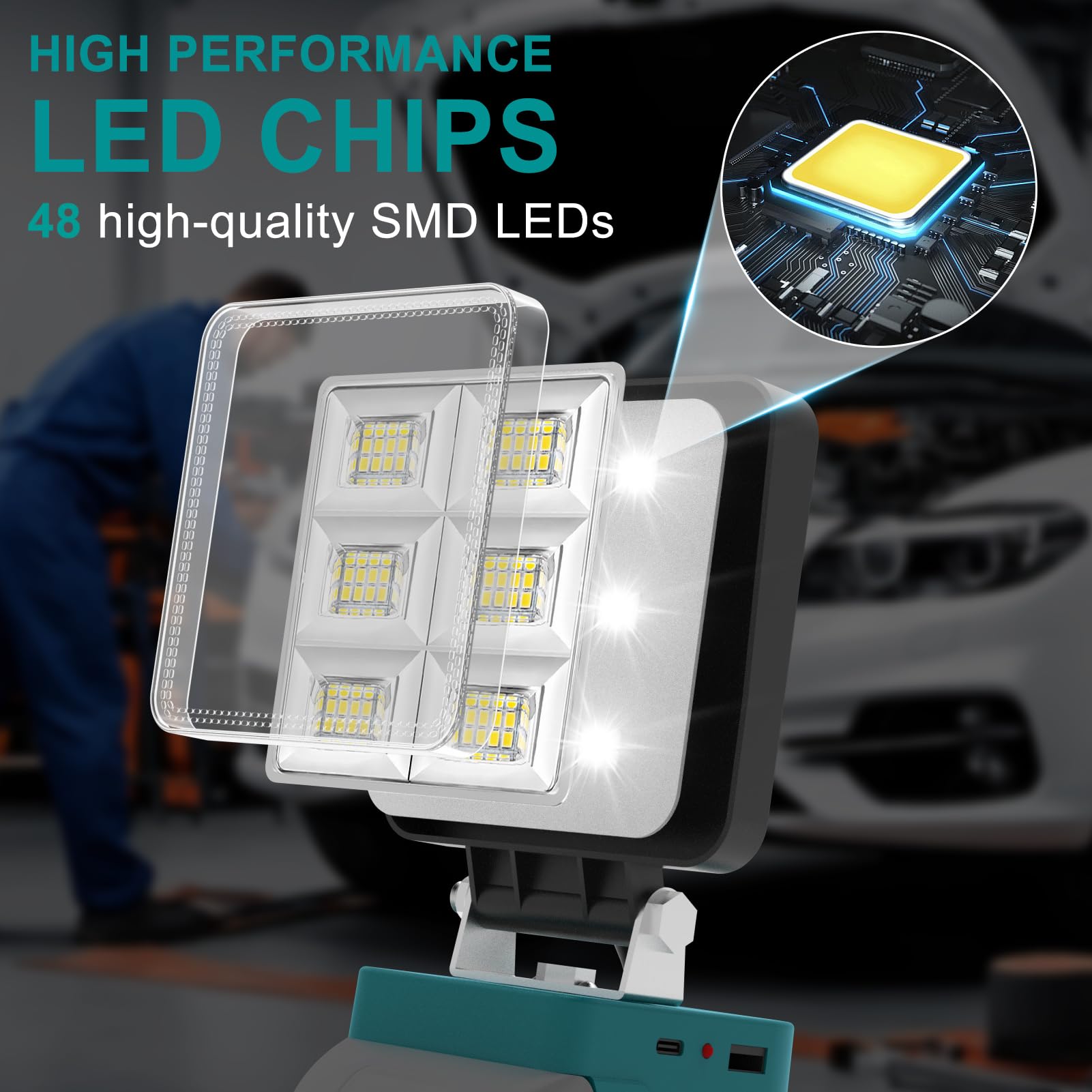 NATPOW Lampe de Chantier Compatible avec Makita 18V, Lot de 2 5200LM Projecteur, 2 Modes 6000K Éclairage Chantier Portable avec Type C et USB pour Chantier, Garage, Camping, Pêche, Sans Batterie