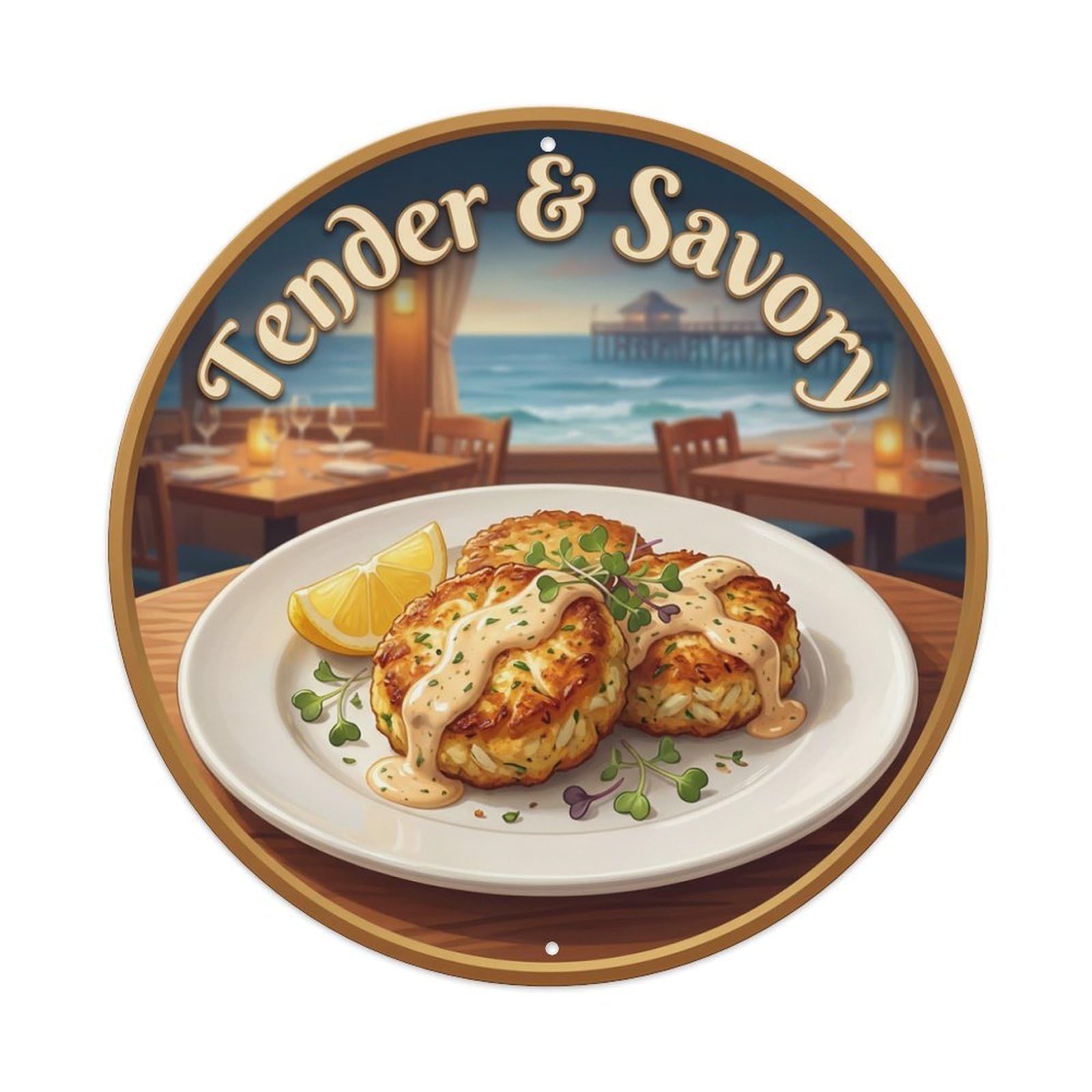 Metal Tin Sign Crab Cake Plate Gourmet Food