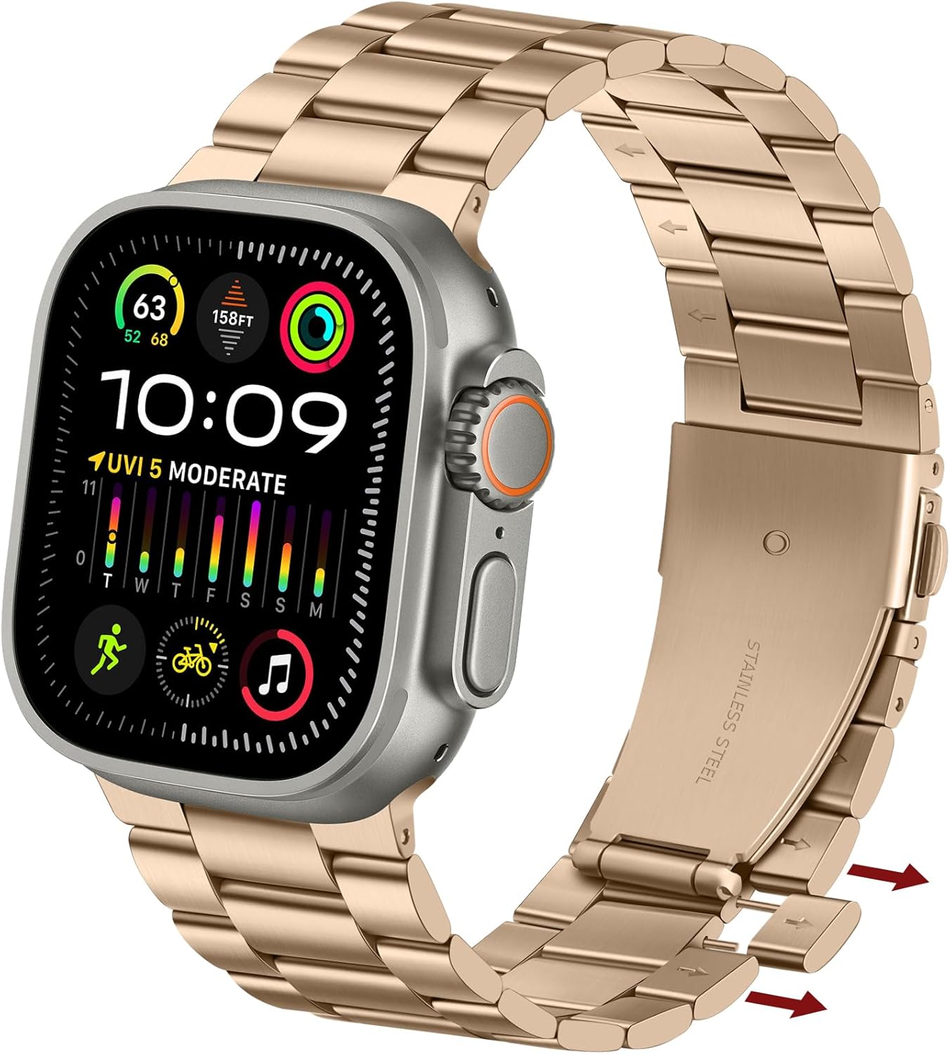 Anlinser No Tool Needed Bands Compatible with Apple Watch Band 49mm 46mm 45mm 44mm 42mm for Women Men, Stainless Steel Metal Strap Designed for iWatch Ultra 3/2/1 SE Series 11 10 9 8 7 6-1 (Gold)