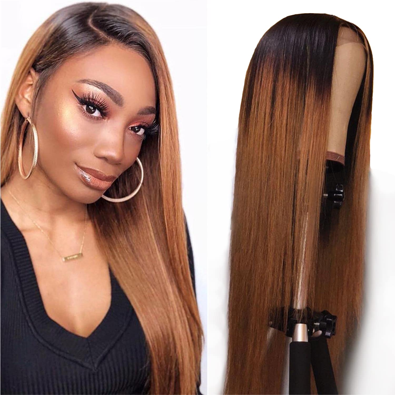 Ombre Brown Lace Front Wigs Human Hair Pre Plucked 13x6 Straight Lace Front Wigs Human Hair 180% Density Colored Light Brown Glueless Wig HD Lace Frontal Wigs for Women 16 Inch